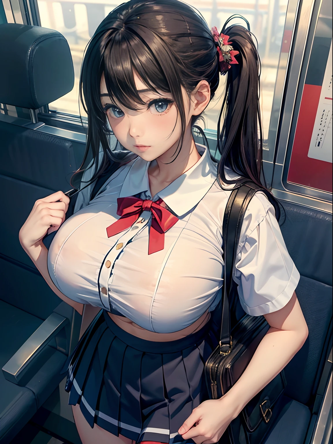 A teenage girl、(​masterpiece:1.4)、(in 8K、realisitic、Raw photo、top-quality:1.4)、(Real Face:1.4)、(real looking skin:1.3)、超A high resolution、A hyper-realistic、Eyes in Beautiful Details、Two buns hair、a sailor suit、no-bra、Short pleated skirt、high detailing、(huge-breasted:1.5)、gargantilha、On the train、is standing、blushing