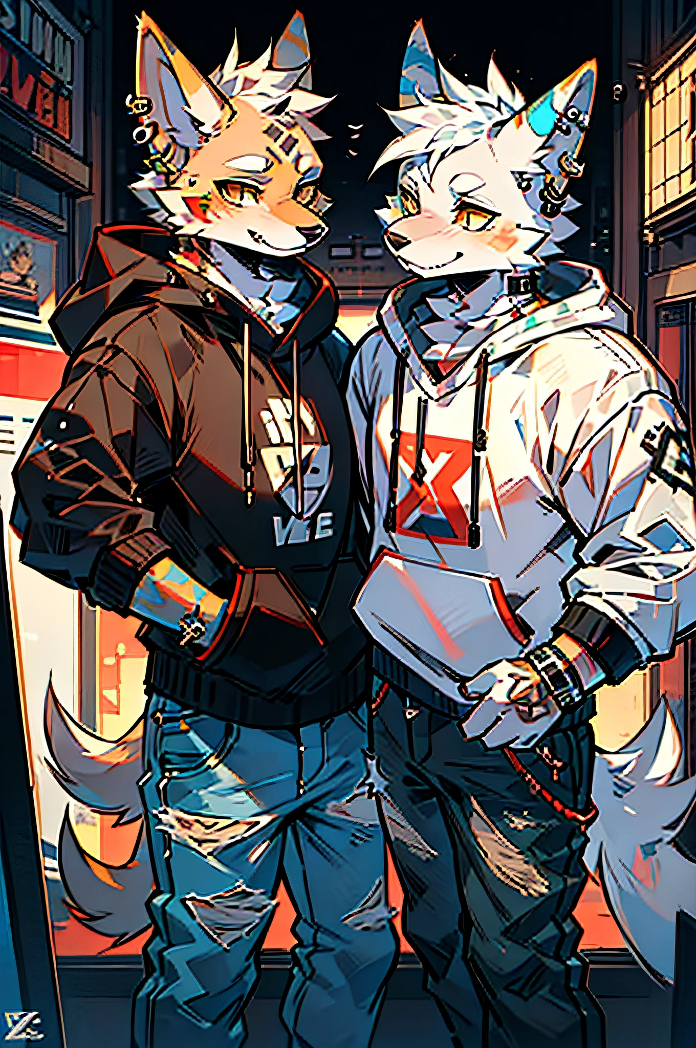 Two cool and trendy dogs talking to each other, White hair, Yellow eyes, Wear trendy hip-hop clothes, Wearing a hoodie, Graphic T-shirt and ripped jeans, Lots of tattoos and piercings, Doodle style background, Highly detailed background, perfect masterpiece, High quality, High resolution