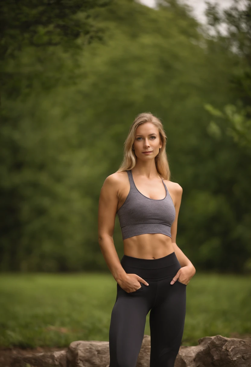 A beautiful hot thin girl with long blonde hair, in park doing yoga. Wearing a top and tight pants. Sexy beautiful realistic