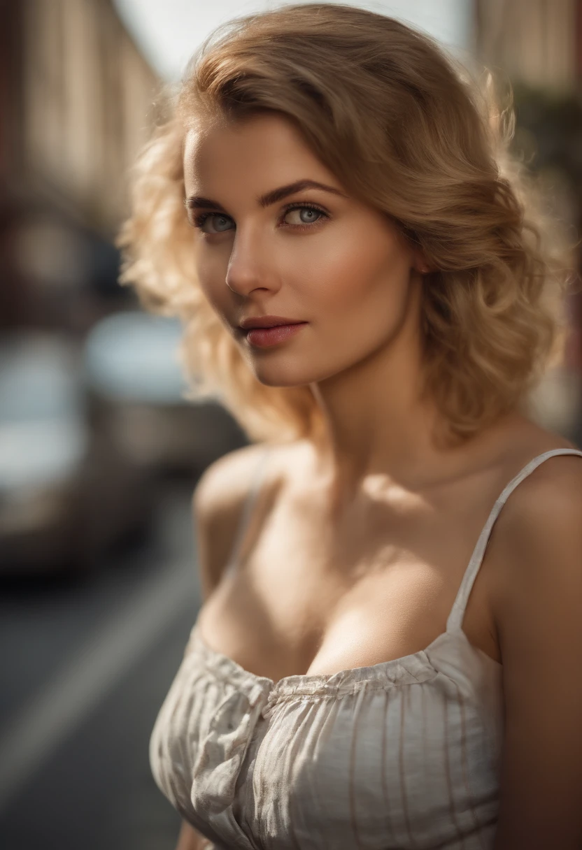 masterpiece, realistic, detailed eyes, detailed pupil, cute, looking at viewer,
natural lighting, depth of field, film grain, wrinkled skin,
24yo, female, solo, massive breasts, cleavage, blonde short hair, sundress, freckles, grin, lips,
posing, front view, (crowded street:1.4)