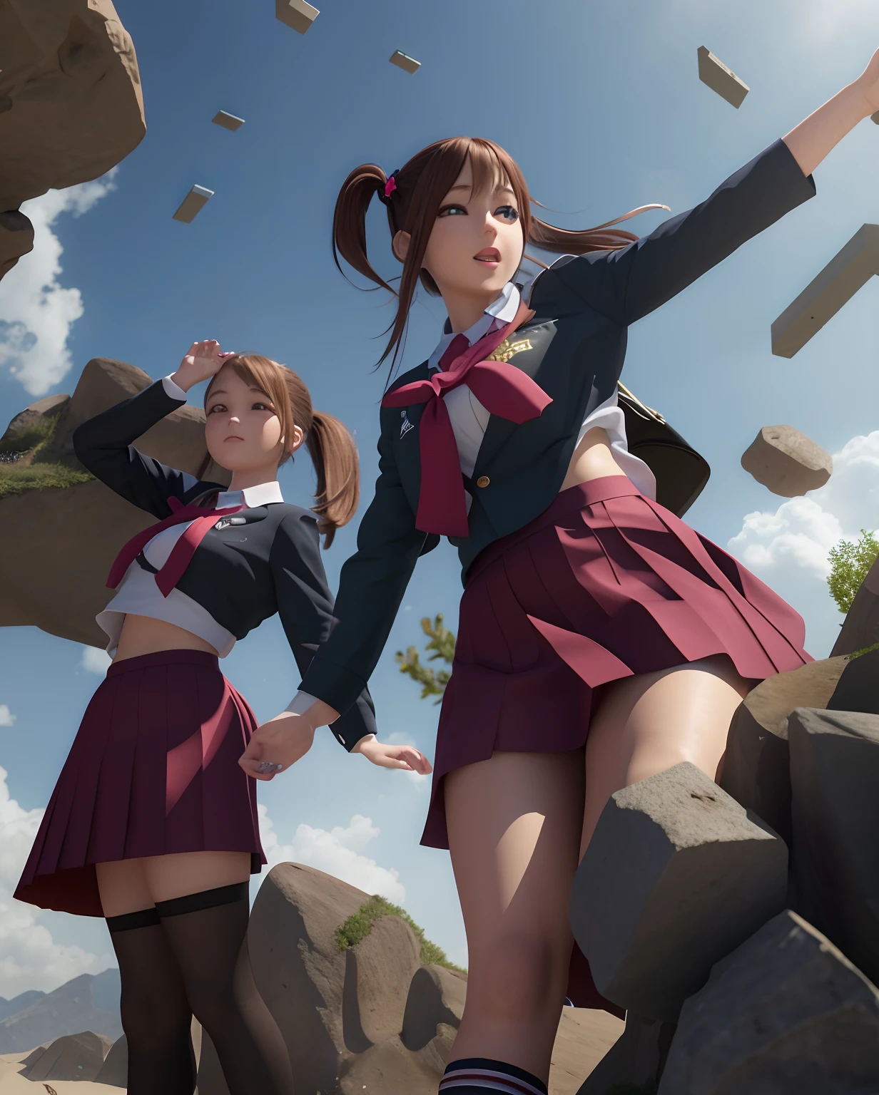 they are two girls in school uniforms posing for a picture, realistic anime 3 d style, anime realism style, wlop and sakimichan, 3 d anime realistic, photorealistic anime, anime styled 3d, smooth anime cg art, hyperrealistic schoolgirl, anime style 4 k, [ 4 k digital art ]!!, anime pose, a hyperrealistic schoolgirl