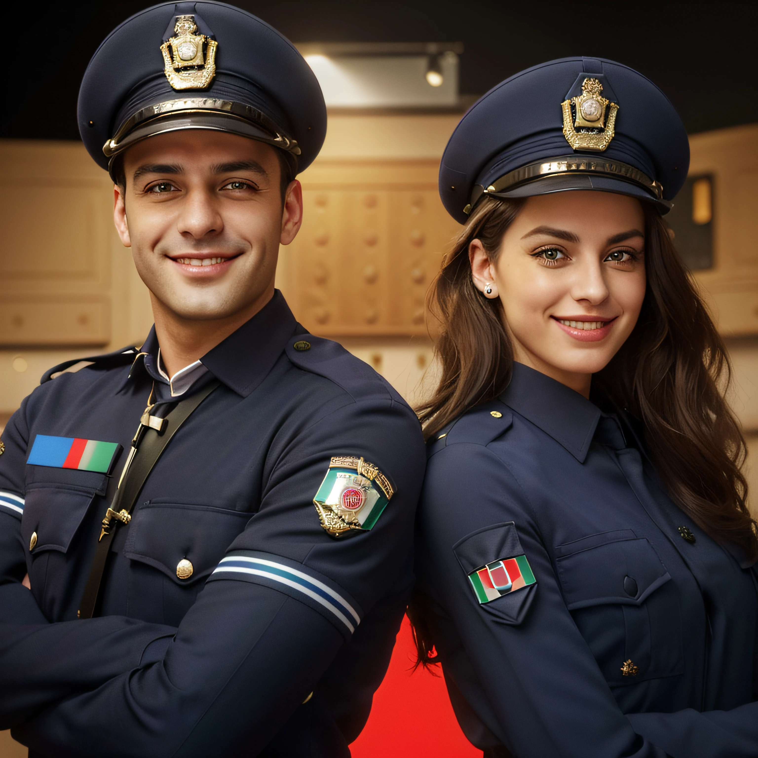 (a smiling Italian male police officer,a smiling iItalian female police officer,submissive, the woman winks),(photorealistic:1.37,vivid colors,studio lighting),(fine uniform),(best quality,highres),(portraits),(warm color tone),(soft lighting)