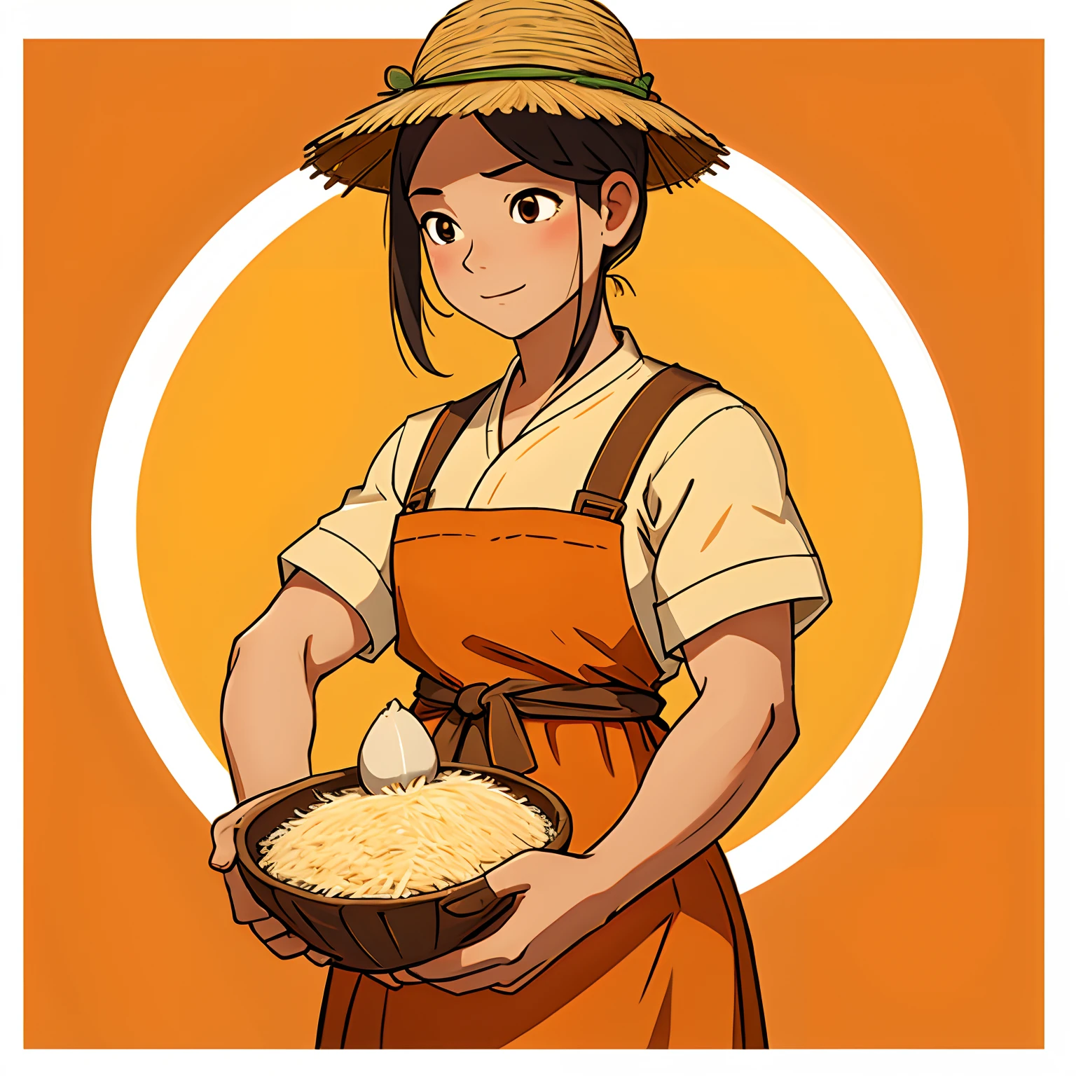 Orange background，There is a man in the middle harvesting rice，A woman holds a handful of rice in her hand，It is surrounded by rice paddies