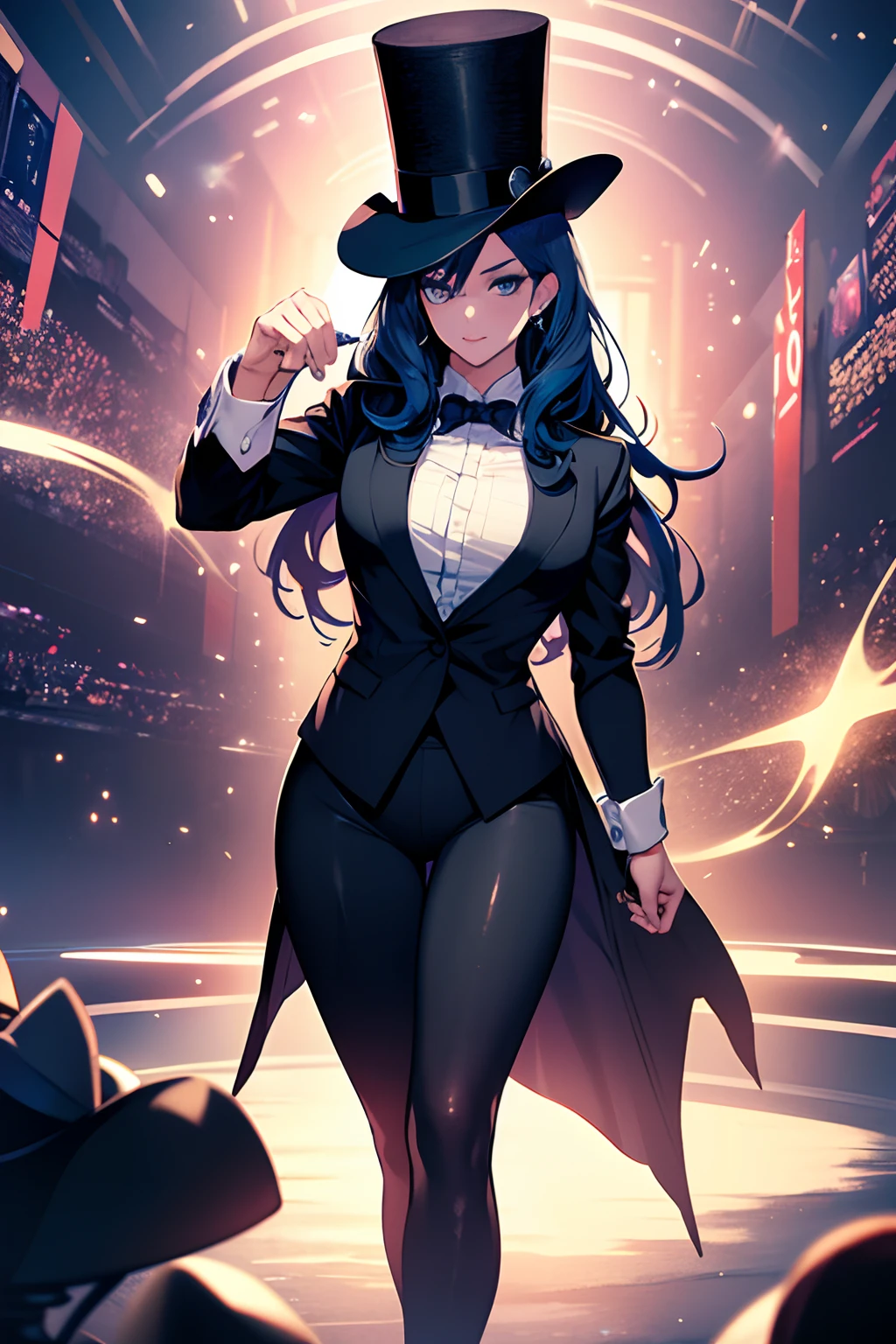 girl, with dark blue hair, wearing black top hat, Top Hat, wearing blazer, wizard costume, black leggings, 4k, Using magic in her hands, Looking at the Viewer, in a magic show setting, 4k, magical landscape, play teacher