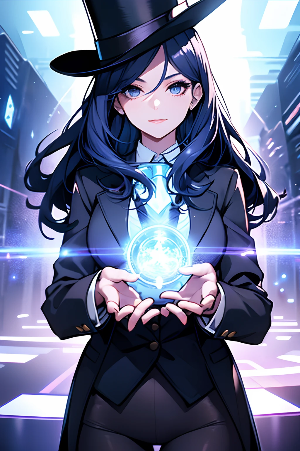 girl, with dark blue hair, wearing black top hat, Top Hat, wearing blazer, wizard costume, black leggings, 4k, Using magic in her hands, Looking at the Viewer, in a magic show setting, 4k, magical landscape, play teacher