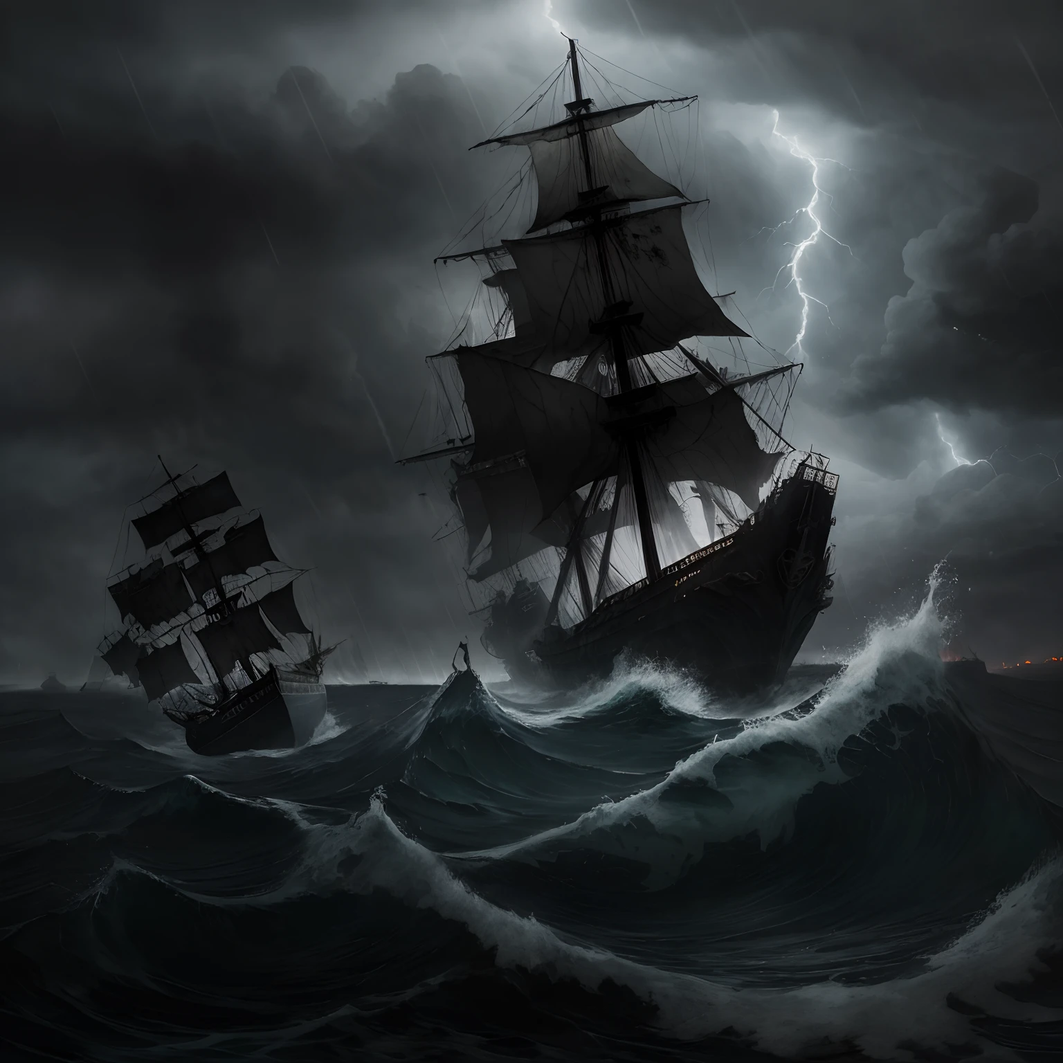 masterpiece、hightquality、Landscape painting、Detailed landscape painting、Very dark sky、Thick black clouds、In the darkness、Pitch Black Darkness、a dark night、Wide ocean、Ōlan、Detailed heavy rain、Detailed raindrops、Dense and dazzling lightning、Detailed lightning、The sea is very intense and rough、Very large waves、Ship cemetery、Zombie Ship、Boneship、A decaying ghost ship wandering through a thunderstorm、The sails are tattered and hanging、Rotten sails、Torn sails、Torn sails、Perforated sail、Broken mast、Tattered mast、Tattered hull、There are holes in some places、The hull is rotting、Detailed battered ghost ship、A crumbling ghost ship、Black Ghost Ship、The ghost ship is heavily tilted、Black fog around the ghost ship、Black aura、Wrecked ghost ship、Shipwrecked and broken、A sinking ghost ship、Missing mast