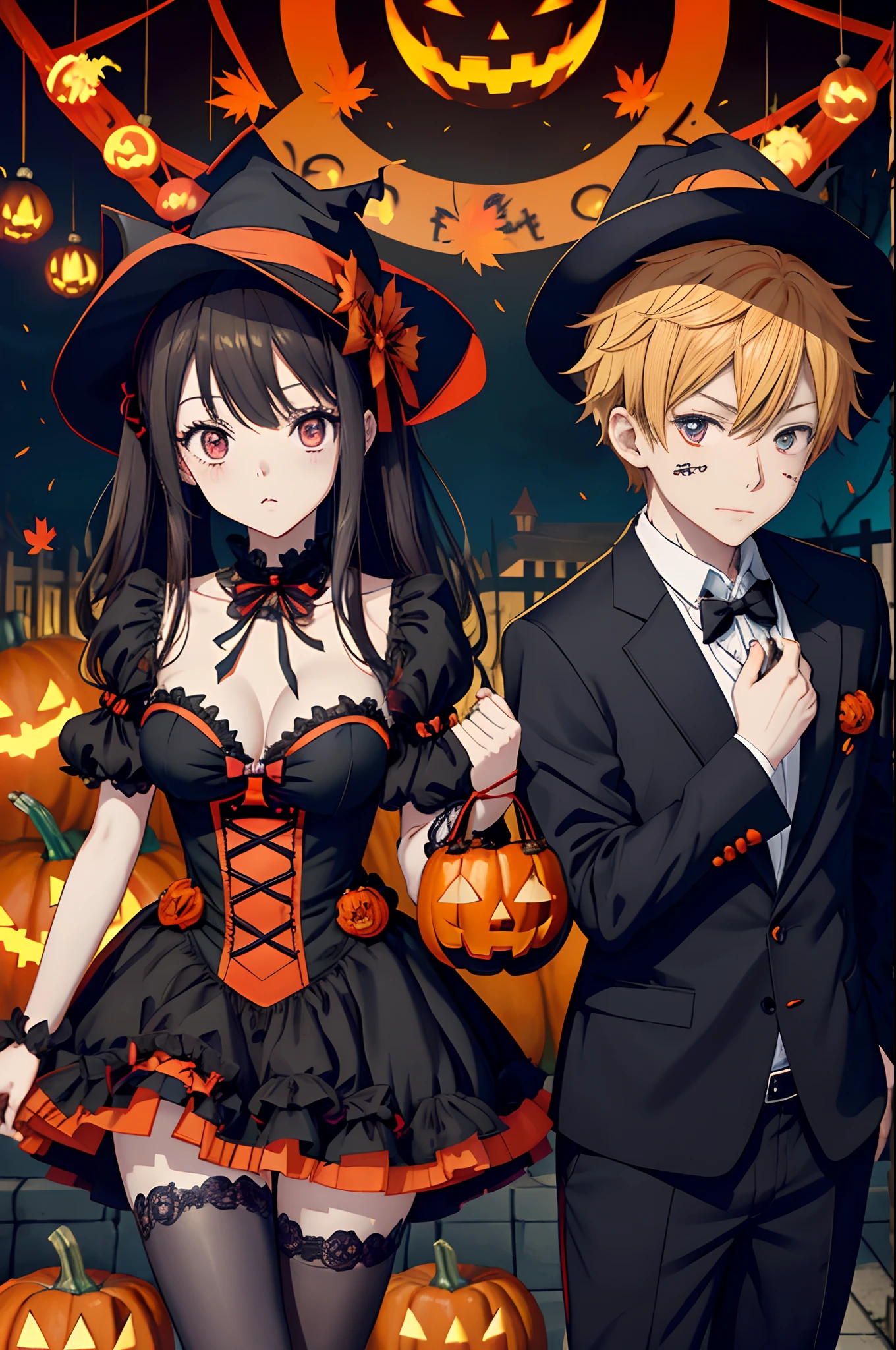 anime couple dressed in halloween costumes standing in front of pumpkins, trick or treat, , 🍂 cute, halloween celebration, by Kamagurka, halloween theme, zerochan, halloween night, halloween art style, zerochan art, 🍁 cute, in a halloween style, halloween atmosphere, kawacy, halloween, ❤🔥🍄🌪, happy!!!
