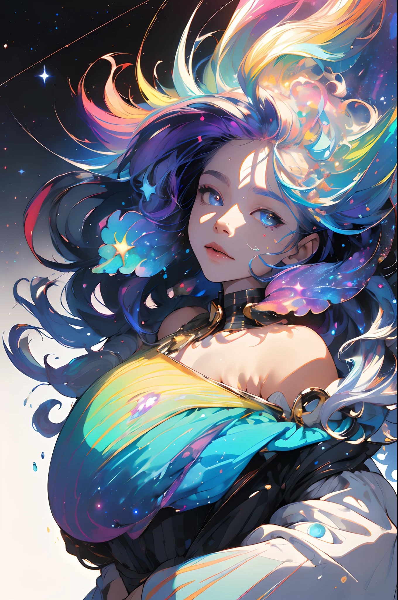 female focus, ((Masterpiece)), (((Best quality))), ((Ultra-detailed)), ((illustration)),[realism light effect],black shadows,(Fantasy style),(White background:1.6), Simple background, (earth theme),(cloaks)[(hair focus,((1girll)),[(big slime hair): (Cloud hair):0.3], (hair on background),(High saturation),(The hair is surrounded by galactic splashes),)):((Her hair is turning into a galactic cloud,:1.27628), (Hair and clothes are galactic clouds and star clusters:1.1025),(The cloak is turning into a galactic cloud)(Colorful_milky ways_print_clusters_af_stars_print:1.35),((Detailed starry sky with colorful milky way and galactic clouds):1.2)):0.35], (((Masterpiece))),(((Best quality))),((Ultra-detailed)),(illustration),(Dynamic Angle),((Floating)),(Paint),((Disheveled hair)),((Beautiful detailed face)),Collar,Bare shoulders, ((Colorful hair)),((Striped hair)),Beautiful detailed eyes,(Gradient color eyes),(((Colorful eyes))),(((Colorful background))),(((High saturation))),(((Surrounded by colorful splashes))),(((surrounded by colorful dot))),colorful bubble,((Shining)),