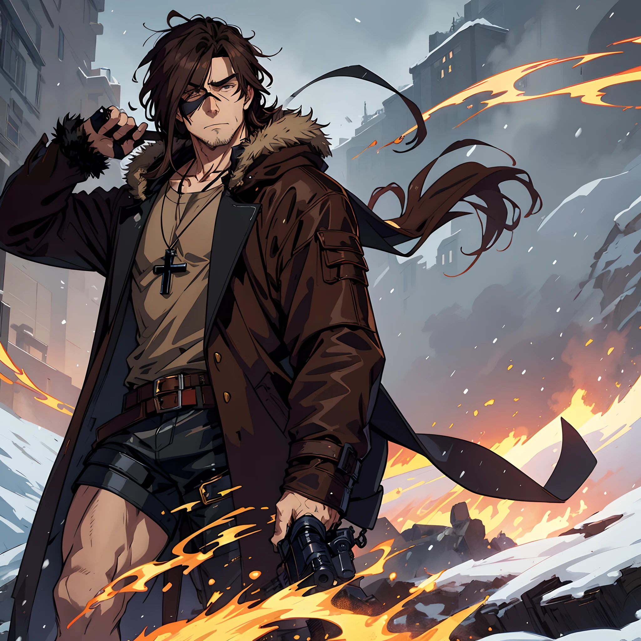 Anime style, middle aged man with very long shoulder length brown hair that reaches his shoulders, wearing a cross necklace, wearing a black bandana over his eyes, wearing a long brown leather coat with a fur hood, holding a hunters pistol. A background with a grey sky, heavy snowfall, and dense fog