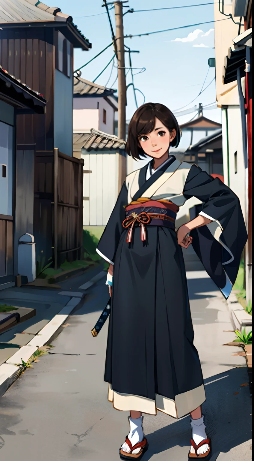 {{{masterpiece}}}, {{{best quality}}}, {{ultra-detailed}}, {illustration}, {{an extremely delicate and beautiful}},(Edo townscape),1girl, cute girl, solo, japanese clothes, short hair, weapon, sword, brown eyes, looking at viewer, kimono,(Clothes come off:1.2), brown hair, lips, hand on hip, sheath, smile, katana, black hair, full body, closed mouth, sheathed, hand up