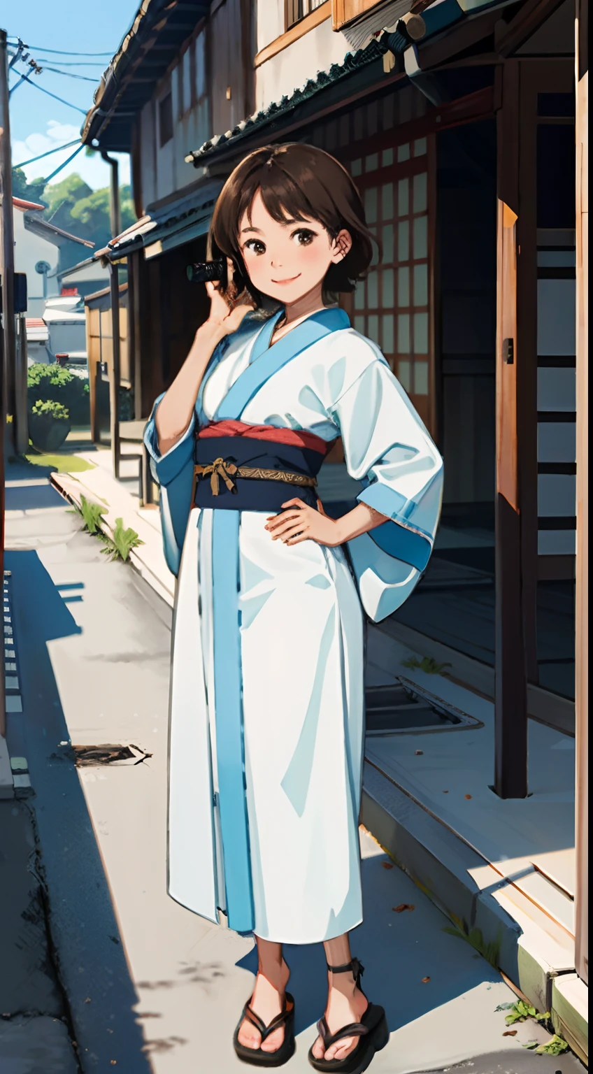 {{{masterpiece}}}, {{{best quality}}}, {{ultra-detailed}}, {illustration}, {{an extremely delicate and beautiful}},(Edo townscape),1girl, cute girl, solo, japanese clothes, short hair, weapon, sword, brown eyes, looking at viewer, kimono,(Clothes come off:1.2), brown hair, lips, hand on hip, sheath, smile, katana, black hair, full body, closed mouth, sheathed, hand up