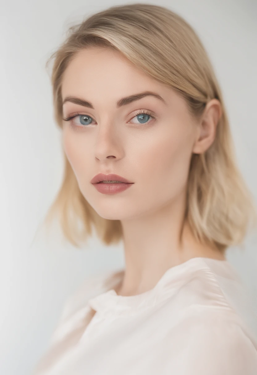 blonde girl, olhos azuis vibrantes, busto, parte superior, Serious expression, olhar em branco, Beautiful, perfeito, blonde hair, cabelo grande, dourado, dourado, sunlight, meia franja cobrindo um olho, reto, cabelos finos, rosto fino, top branco, decote, seios fartos, Perfect lips, nariz fino, delicado, Arte com trilhas de tinta, Aquarela, cores fortes, tinta suja, quebrado, pintar, Escova, (fundo branco), Dor, arte estilo yoji shinkawa, rosto cammy white