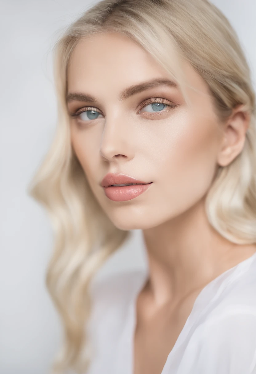 blonde girl, olhos azuis vibrantes, busto, parte superior, Serious expression, olhar em branco, Beautiful, perfeito, blonde hair, cabelo grande, dourado, dourado, sunlight, meia franja cobrindo um olho, reto, cabelos finos, rosto fino, top branco, decote, seios fartos, Perfect lips, nariz fino, delicado, Arte com trilhas de tinta, Aquarela, cores fortes, tinta suja, quebrado, pintar, Escova, (fundo branco), Dor, arte estilo yoji shinkawa, rosto cammy white