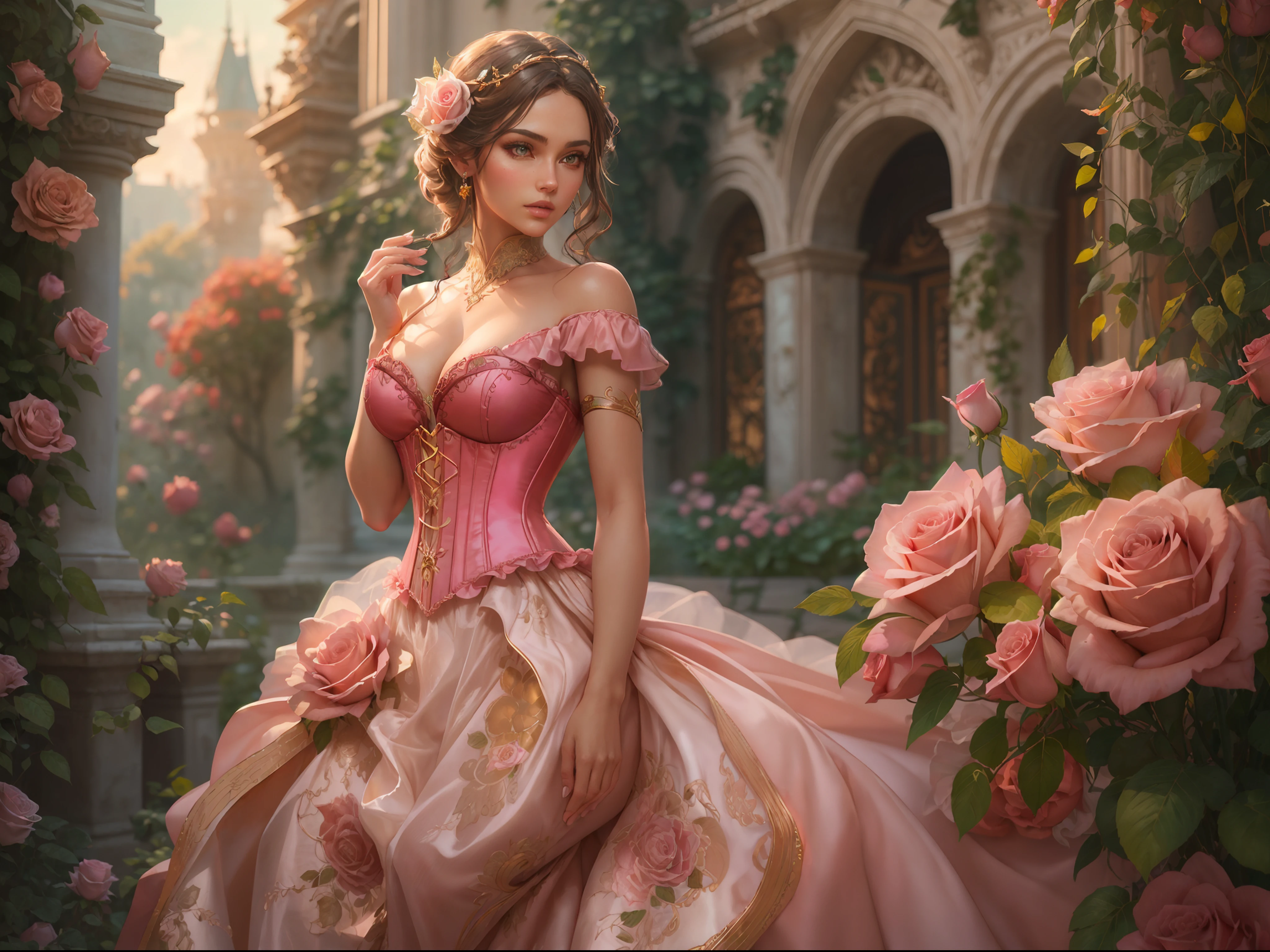 This is realistic fantasy artwork set in the castle's enchanted rose garden. Generate a proud woman with a highly detailed face dressed in the billowing folds of a stunning French silk ballgown. The woman's sweet face is ((((highly detailed, with realistic features and soft, puffy lips.)))) The ballgown is embellished with ruffles, sashes, and bows and a delicately, but intricately, hand-embroidered bodice. The corset features silk ribbon. The woman's stunning eyes are beautifully detailed, featuring realistic shading and multiple colors and high resolution. The woman is in a garden of eternal roses, each one beautifully formed and highly detailed. These realistic roses feature shimmering shades of pink, yellow, orange, and glimmering red. The eternal rose is a deep shade of red with shimmering pink overtones and undertones. Ensure that the woman's face, hair, and eyes are perfect. realism, high fantasy, whimsical fantasy, storybook fantasy, fairytale fantasy, fantasy details, enchanting, bewitching, 8k, hires, cgi, digital painting, unity, unreal engine, (((masterpiece))), intricate, elegant, highly detailed, majestic, digital photography, art by artgerm and ruan jia and greg rutkowski, (masterpiece, finely detailed beautiful eyes: 1.2), hdr, realistic skin texture, (((1woman))), (((solo))), Include a highly detailed face, extremely detailed face, and interesting background.