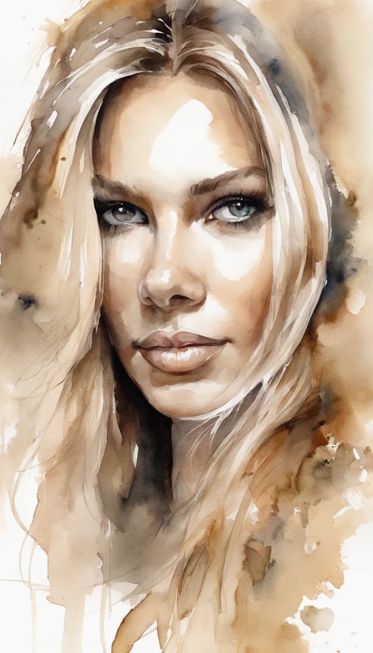 blonde girl, olhos azuis vibrantes, busto, parte superior, Serious expression, olhar em branco, Beautiful, perfeito, blonde hair, cabelo grande, dourado, dourado, sunlight, meia franja cobrindo um olho, reto, cabelos finos, rosto fino, top branco, decote, seios fartos, Perfect lips, nariz fino, delicado, Arte com trilhas de tinta, Aquarela, cores fortes, tinta suja, quebrado, pintar, Escova, (fundo branco), Dor, arte estilo yoji shinkawa, rosto cammy white