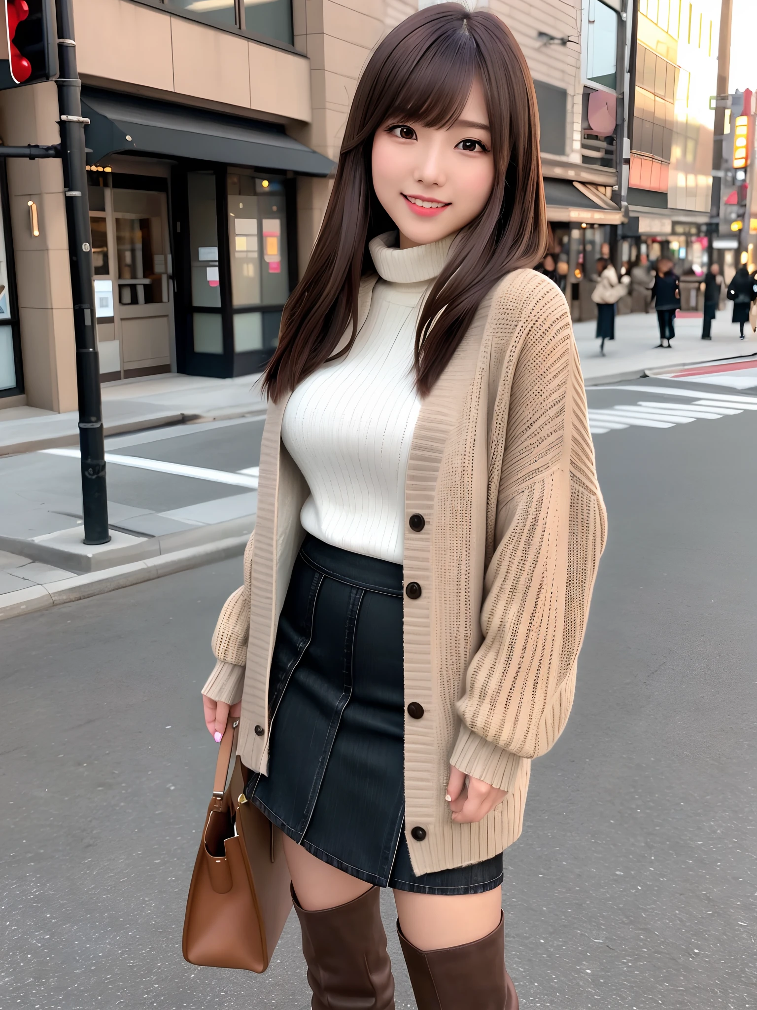 mastepiece, 1 girl per 1 photo, cowboy shot, front view, a Japanese young pretty girl, long bob hair, standing on a crowded sidewalk in th city, a big smile, wearing a dark brown knitted cardigan over a white turtleneck sweater, wearing jeans skirt, wearing black leather long boots, hyper cute face, glossy lips, double eyelids for both eyes, natural makeup, shiny smooth light brown hair of long bob hair, asymmetrical bangs, high resolution, high detail, detailed hairstyle, detailed face, cinematic lighting, octane rendering, hyper realistic, perfect limbs, perfect anatomy