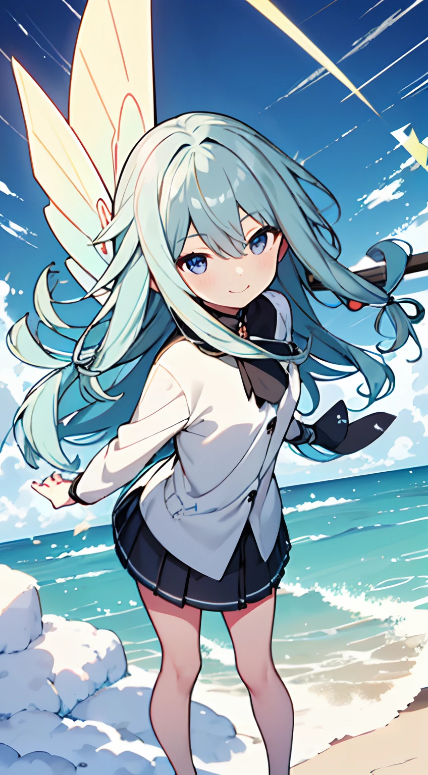 masuter piece, Best Quality,32K、Wallpaper, ultra -detail, Absurd beauty, 1beautiful girl、Big crisp eyes、Hair fluttering in the wind、Slender legs、Smaller head、miscievous smile、Angle looking down from above:1.2、♡♡♡