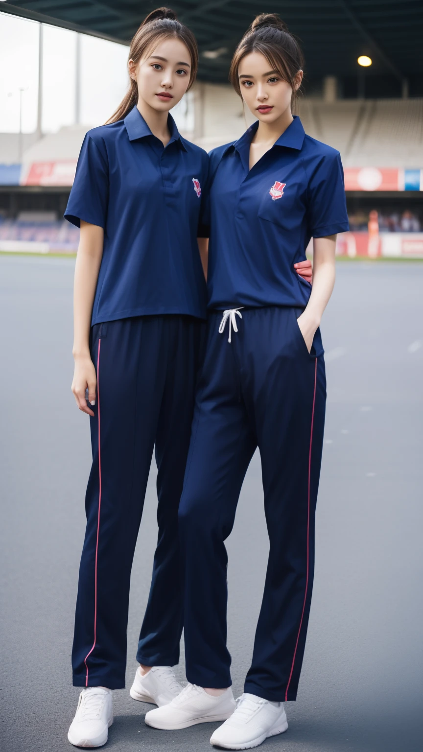 (bestquality,10,10,highres,masterpiece:1.2),ultra-detail,(Realistic,photorealistic portrait,photo-realistic:1.37),1 Cute girl in the football field,oily shiny skin,bara,light smile,BDclothes,((blue shirt:1.3)),short sleeves,shirt, trousers.,(navy_long_Pants Track:1.1), ((Stadium Background:1.3)),dynamic angle,excited,face focus,Dynamic Poses,from behide,Ass Focus,masterpiece, bestquality, ultra realistic, hyper-detail, 8k resolution, RAW photo, crisp focus, ((Navy blue shirt:1.1)), short sleeves, Long Path, Perfect body, 2 mature women, 18yo, cinematic light,Blue sweatpants,Gymware,Correct anatomy,Complete body, Correct body, sharp face, Anatomically correct body, full entire body, Realistic gestures, long-haired, Realistic poses,Wear long shorts..............,Long leg span,Shapely,Sculpting Girl, Slender Figure, mannequin mannequins, Shapely, Beautiful body,Blue sweatpants, Two girls kissing