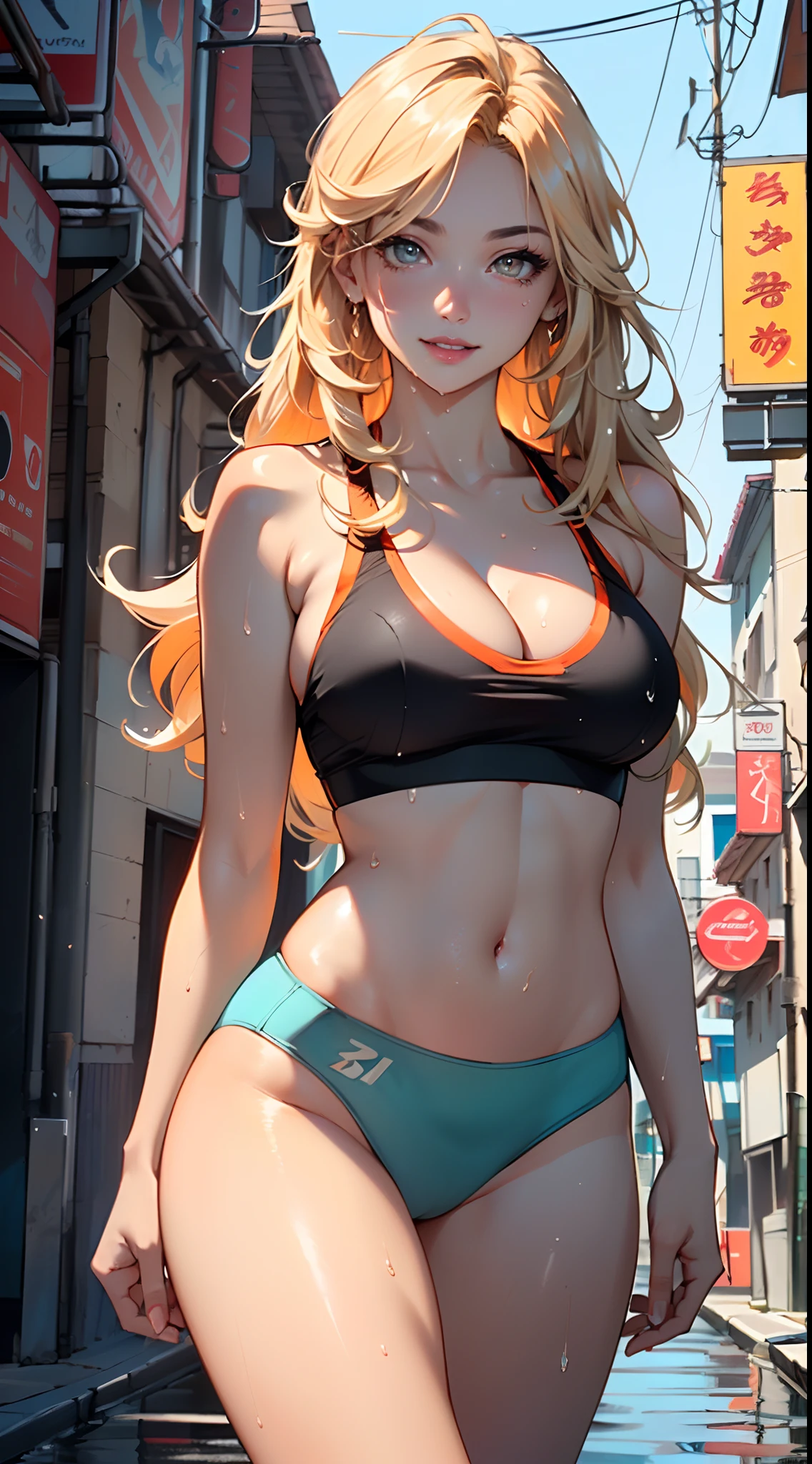 girl sporty,((attractive girl)),

(large breasts:1.4),saggy breasts,(((absurdly long unkept hair,blonde hair,very long hair,voluminous hair,Thick hair,Dense hair,long hair,colored inner hair))),((heterochromia:1.5, (orange_eye and blue_eye))),intricate eyes,beautiful detailed eyes,symmetrical eyes,((fat))(((lustrous skin:1.5,bright skin: 1.5,skin tanned,shiny skin,very shiny skin,shiny body,plastic glitter skin,exaggerated shiny skin,illuminated skin, wet legs))),(spider lower abdomen,narrow waist,wide hip,athletic body,inflated legs,detailed body,(detailed face)),

cute,slutty,seductive,erotic,(((nsfw))),

((tight sports bra, tight sports panties, (orange and black clothes))),(((cleavage))),((wet clothes,intricate outfit,intricate clothes)),

(dynamic pose:1.0),coquette,smiling,(centered,scale to fit dimensions,Rule of thirds),

cyberpunk city by the ocean at night, with bright neon signs and dark stormy clouds and puddles, scenery:1.25,

artistic photography,(photography taken by sldr),highres, sharp focus, (ultra detailed, extremely detailed), (photorealistic artwork:1.37),(extremely detailed CG unity 8k wallpaper),((synthwave background theme)),(((vibrant colors))),(intricate background),(masterpiece),(best quality),