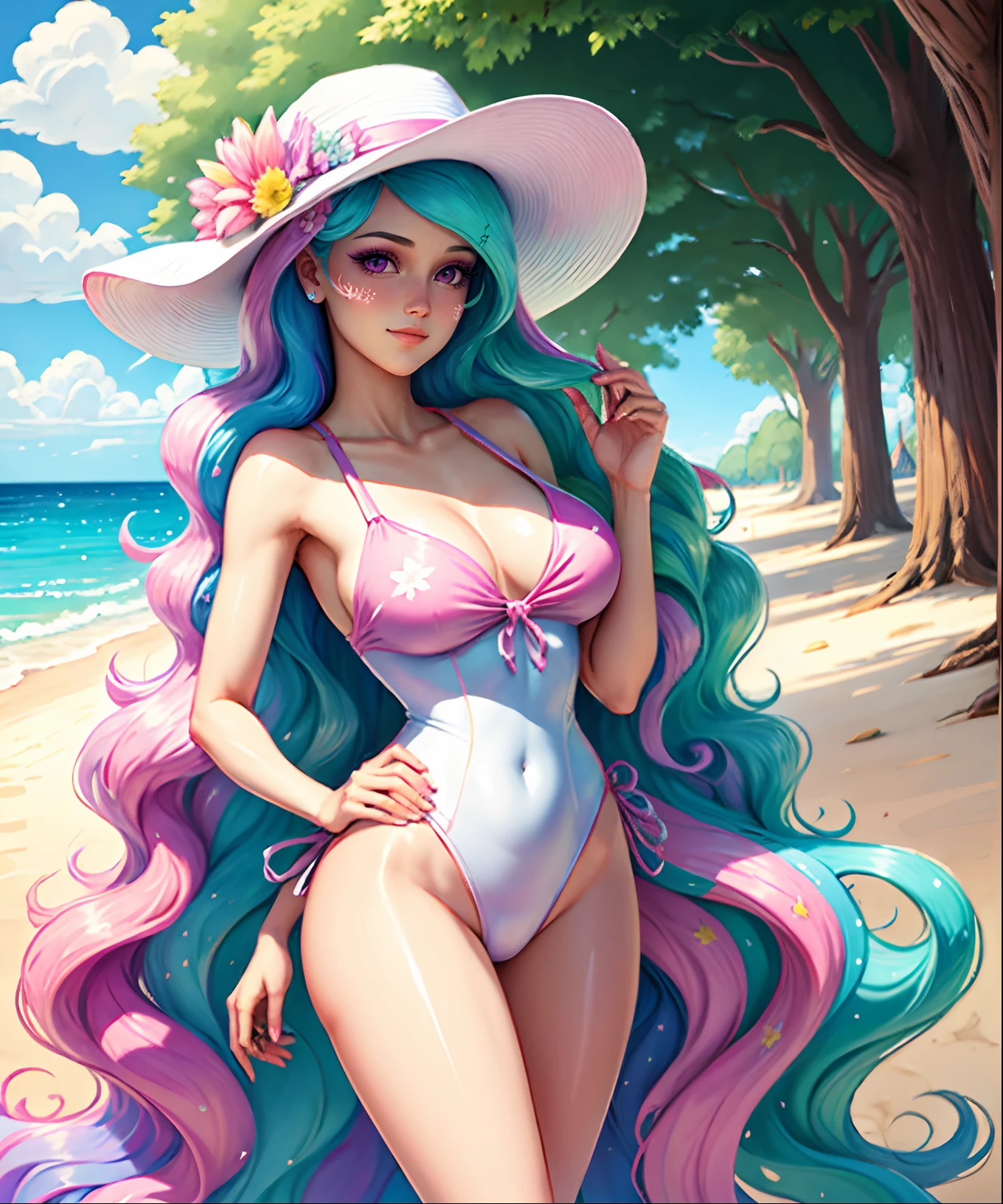 Princess Celestia, Princess Celestia from my little pony, Princess Celestia in the form of a girl, long hair, lush hair, on the beach, in a swimsuit, pink swimsuit, on schizlong, in sunglasses, wearing a white hat with pink ribbons, volumetric shapes, best quality, very detailed, ultra 8k resolution, trees and flowers everywhere, pink flowers