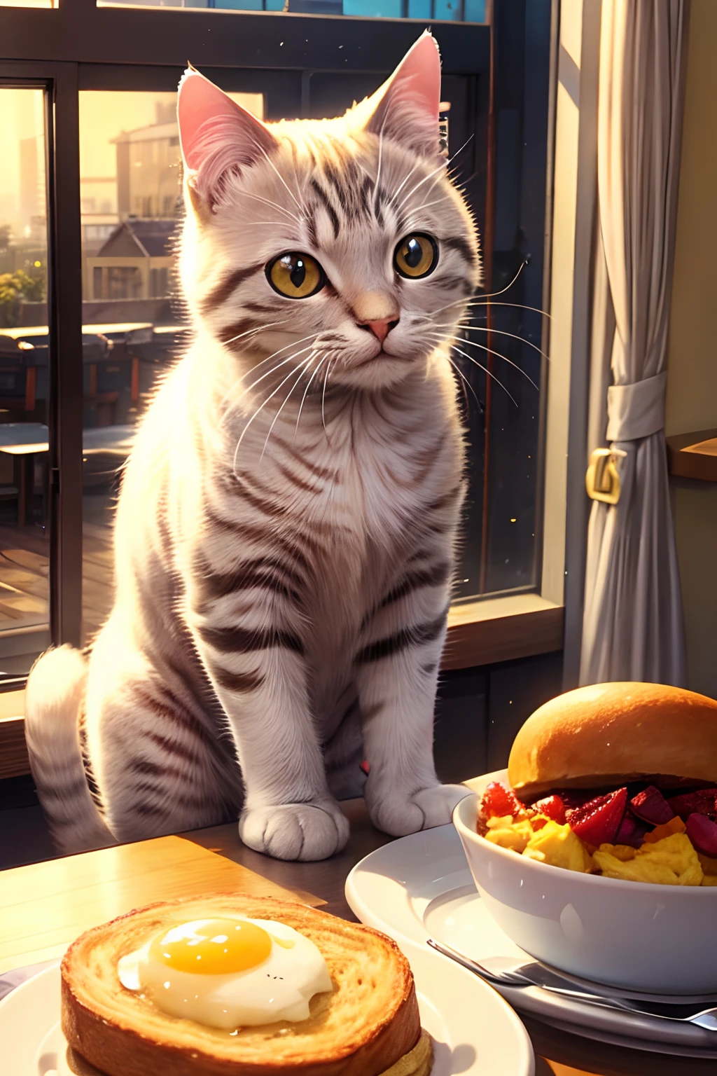 A cute cat with round eyes, At the breakfast place , Sunlight outside the window.