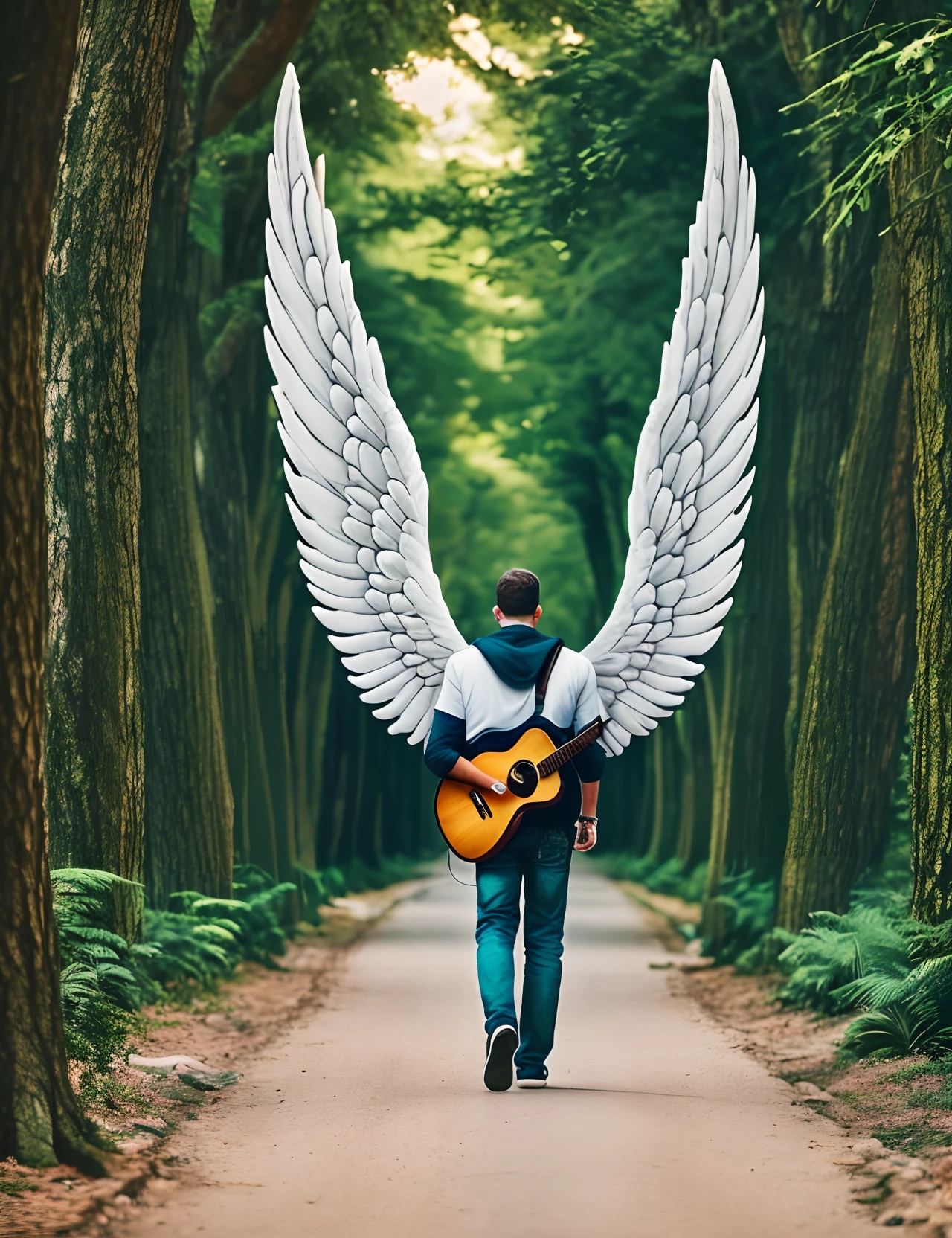 angel with long white wings, guitar strapped to his back, walking on the polished stone floor in the city in perspective, path full of trees, realistic photo. --auto --s2