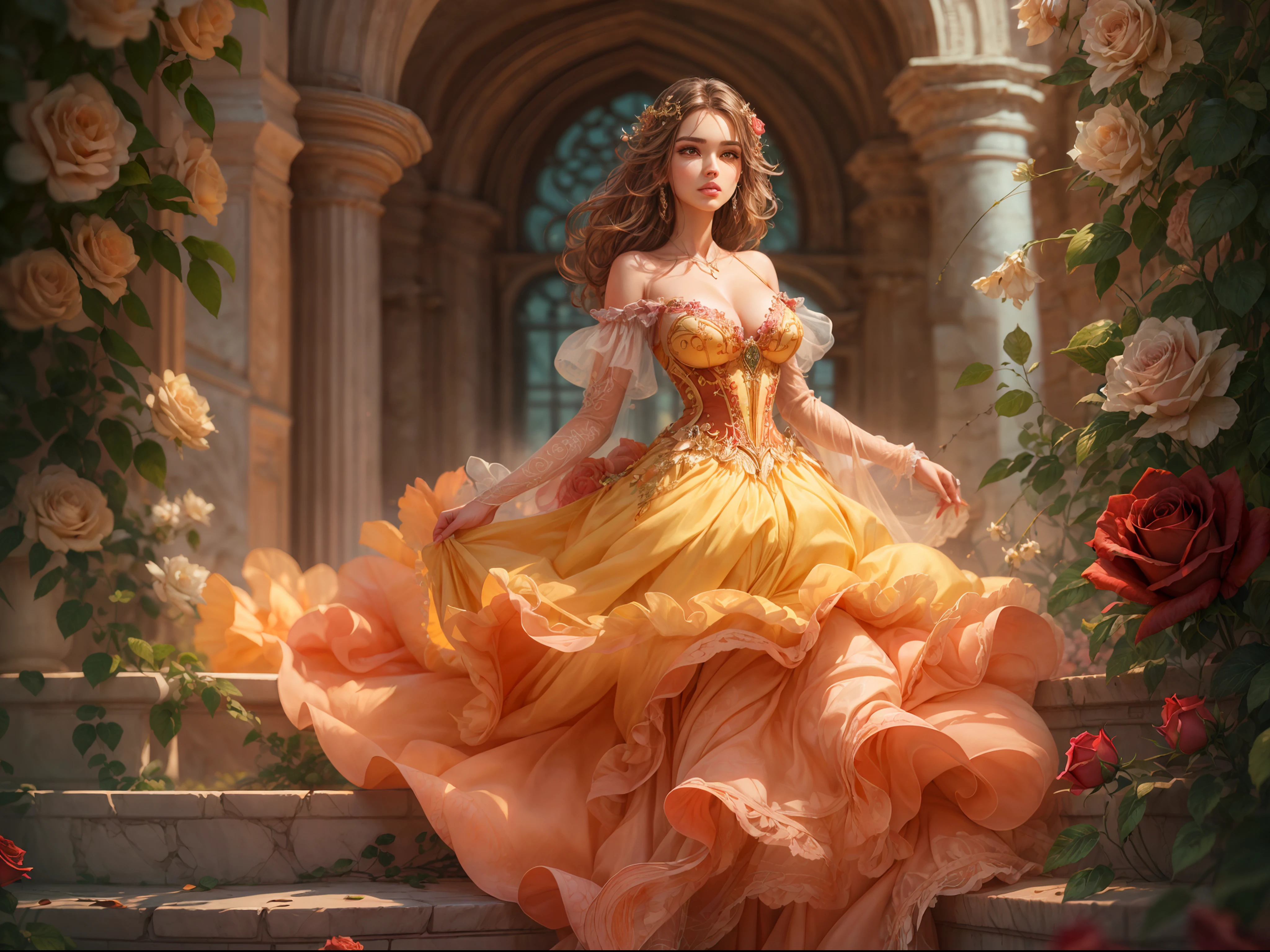 This artwork is in the style of realistic fantasy set in the castle's rose garden. Generate a woman with a beautiful detailed face dressed in the billowing folds of a stunning yellow French silk ballgown. The gown features ruffles, sashes, and bows, and its bodice is delicately but intricately hand-embroidered. The woman's sweet face is ((((highly detailed, with realistic features and soft, puffy lips.)))) Her stunning eyes are beautifully detailed, featuring realistic shading and multiple colors. She is touching a timeless rose just as beautiful today as it was the day it first bloomed thousands of years in the past. The eternal rose is a deep shade of red with shimmering pink overtones and undertones. Ensure that the woman's face, hair, and eyes are perfect. realism, high fantasy, whimsical fantasy, storybook fantasy, fairytale fantasy, fantasy details, enchanting, bewitching, 8k, hires, cgi, digital painting, unity, unreal engine, (((masterpiece))), intricate, elegant, highly detailed, majestic, digital photography, art by artgerm and ruan jia and greg rutkowski, (masterpiece, finely detailed beautiful eyes: 1.2), hdr, realistic skin texture, (((1woman))), (((solo))), Include a highly detailed face, extremely detailed face, and interesting background.