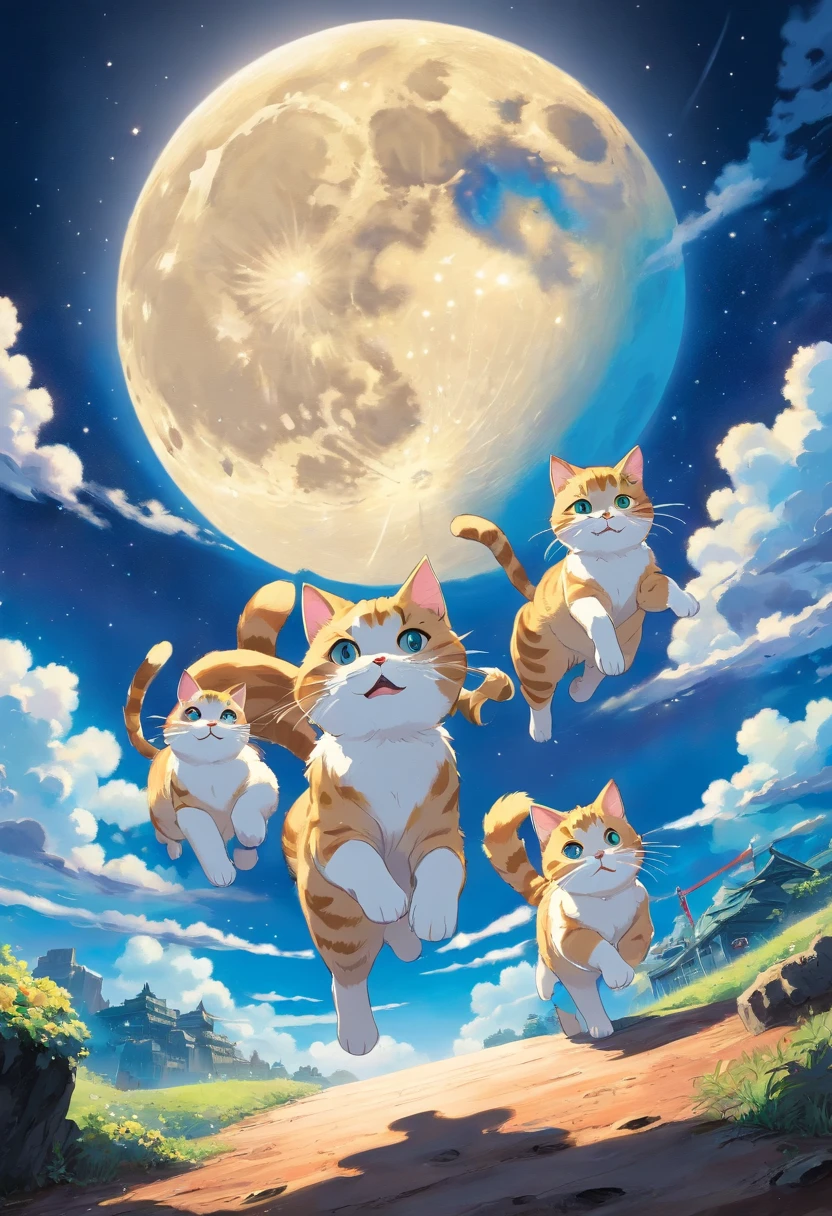 There are three cats running on the moon,Blue sky in the background