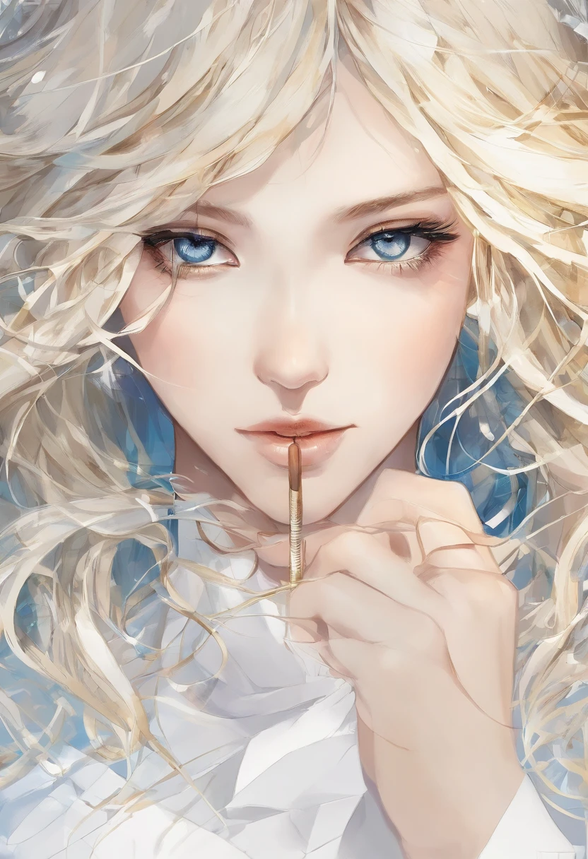 blonde girl, olhos azuis vibrantes, busto, parte superior, Serious expression, olhar em branco, Beautiful, perfeito, blonde hair, cabelo grande, dourado, dourado, sunlight, meia franja cobrindo um olho, reto, cabelos finos, rosto fino, top branco, decote, seios fartos, Perfect lips, nariz fino, delicado, Arte com trilhas de tinta, Aquarela, cores fortes, tinta suja, quebrado, pintar, Escova, (fundo branco), Dor, arte estilo yoji shinkawa, rosto cammy white