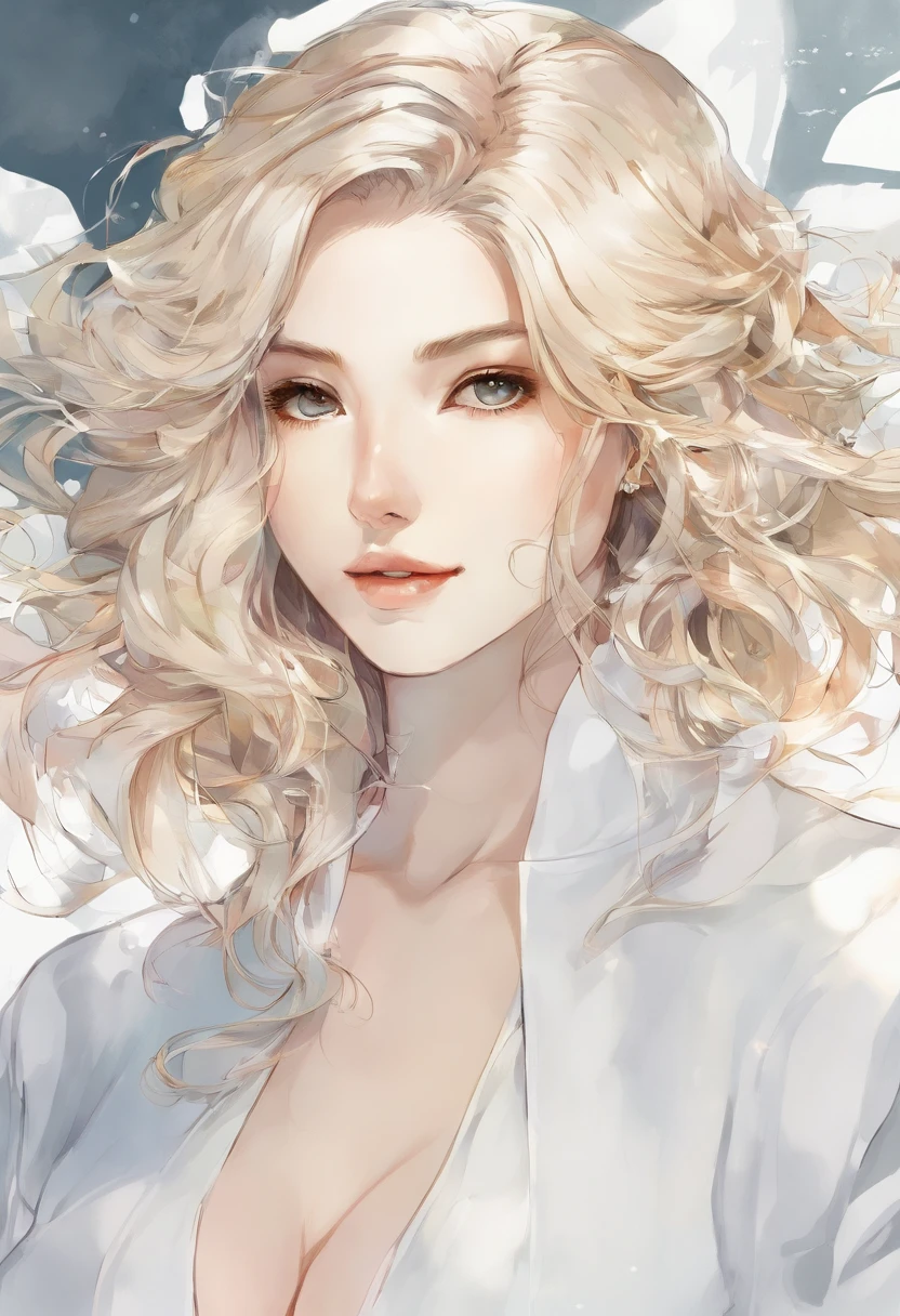 blonde girl, olhos azuis vibrantes, busto, parte superior, Serious expression, olhar em branco, Beautiful, perfeito, blonde hair, cabelo grande, dourado, dourado, sunlight, meia franja cobrindo um olho, reto, cabelos finos, rosto fino, top branco, decote, seios fartos, Perfect lips, nariz fino, delicado, Arte com trilhas de tinta, Aquarela, cores fortes, tinta suja, quebrado, pintar, Escova, (fundo branco), Dor, arte estilo yoji shinkawa, rosto cammy white