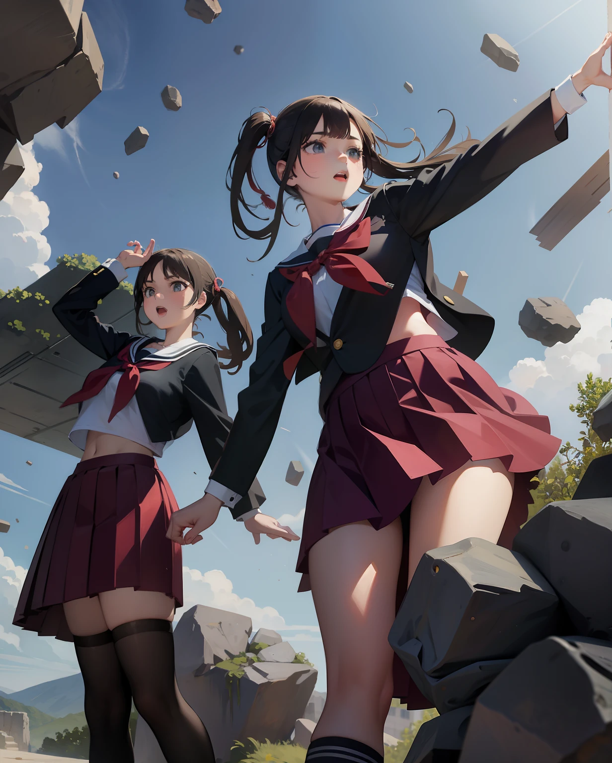 twins,school girls,japanese style,same outfit,falling rocks,