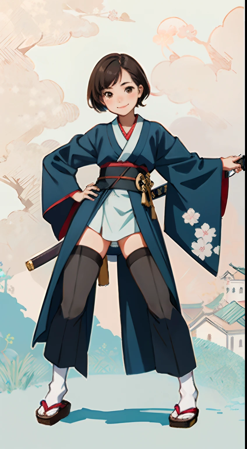 {{{masterpiece}}}, {{{best quality}}}, {{ultra-detailed}}, {illustration}, {{an extremely delicate and beautiful}},(Edo townscape),1girl, cute girl, solo, japanese clothes, short hair, weapon, sword, brown eyes, looking at viewer, kimono,(Clothes come off:1.5), brown hair, lips, hand on hip, sheath, smile, katana, black hair, full body, closed mouth, sheathed, hand up,(spread legs:1.3)