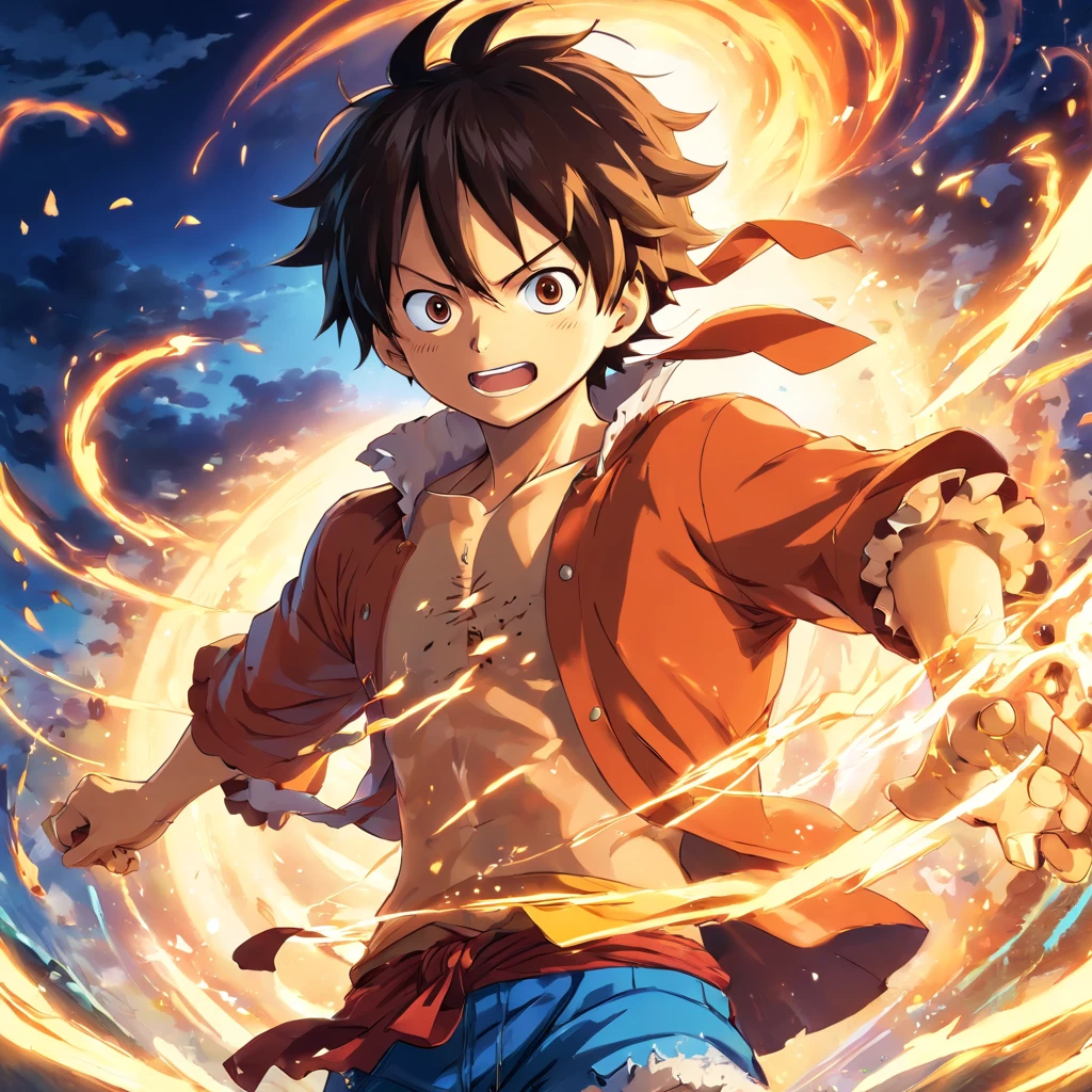 Garoto de 15 anos com cabelo arrepiado grande e preto em um ataque de raiva. Capture the essence of his fiery determination and unyielding spirit as he unleashes his wrath on his enemies. Mantenha-o curto, ousado, e intenso para transmitir o poder bruto da raiva de Luffy. ((imagem altamente detalhada, Melhores efeitos de raios azuis)), Magnificent, alta obra-prima, ((retrato de corpo inteiro))