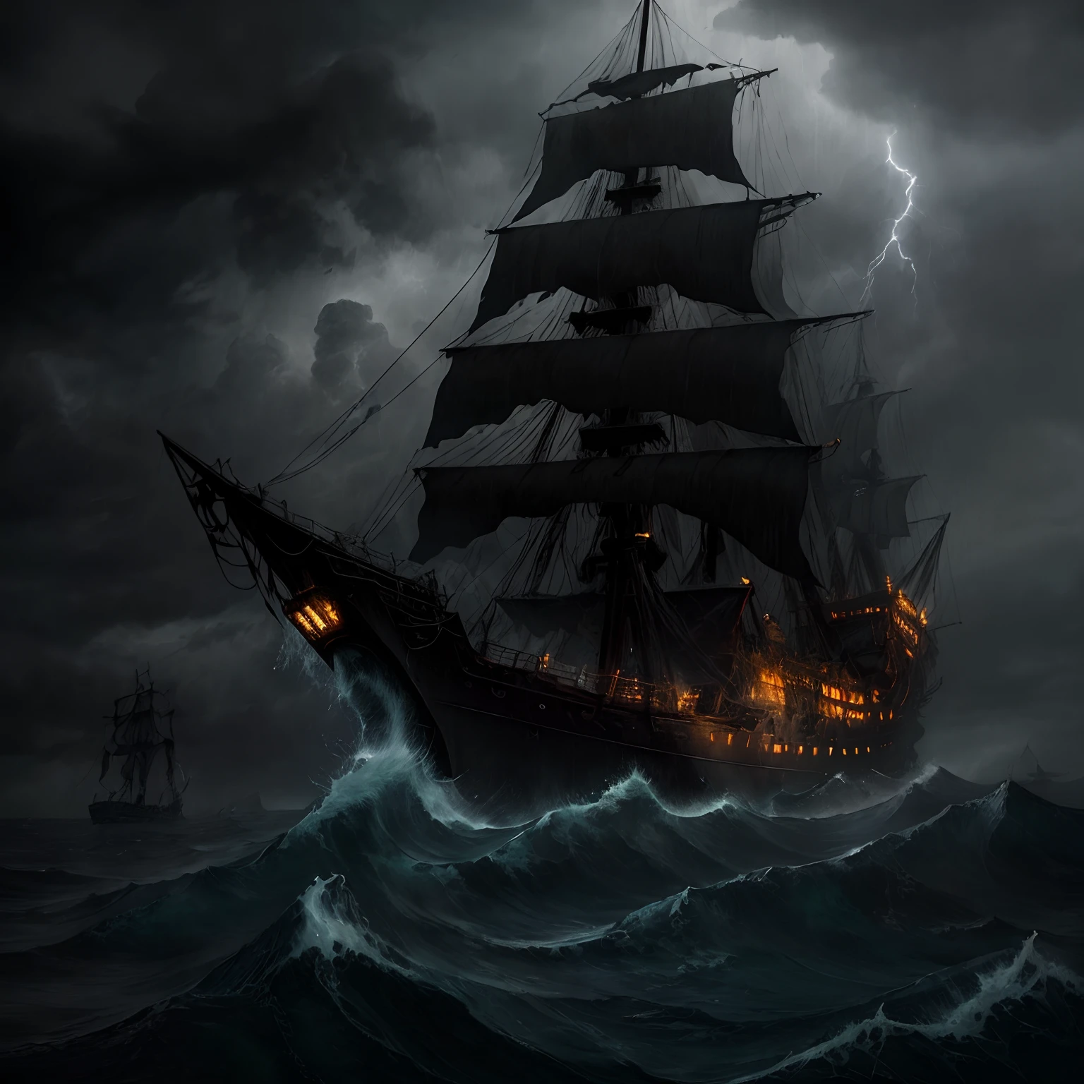 masterpiece、hightquality、Landscape painting、Detailed landscape painting、Very dark sky、Thick black clouds、In the darkness、Pitch Black Darkness、a dark night、Wide ocean、Ōlan、Detailed heavy rain、Detailed raindrops、Dense and dazzling lightning、Detailed lightning、The sea is very intense and rough、Very large waves、Ship cemetery、Zombie Ship、Boneship、A decaying ghost ship wandering through a thunderstorm、The sails are tattered and hanging、Rotten sails、Torn sails、Torn sails、Perforated sail、Broken mast、Tattered mast、Tattered hull、There are holes in some places、The hull is rotting、Detailed battered ghost ship、A crumbling ghost ship、Black Ghost Ship、The ghost ship is heavily tilted、Black fog around the ghost ship、Black aura、Wrecked ghost ship、Shipwrecked and broken、A sinking ghost ship、Missing mast、Blue Demon Fire