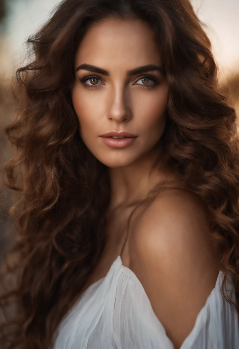 Arafed mujer con bikini, brown eyes, long curly brown hair, desordenado y ojos grandes, selfie de una mujer joven, Ojos del dormitorio, MARTA SIERRA, sin maquillaje, Maquillaje natural, cara con artgram, maquillaje sutil, Impresionante foto de cuerpo completo en la playa.