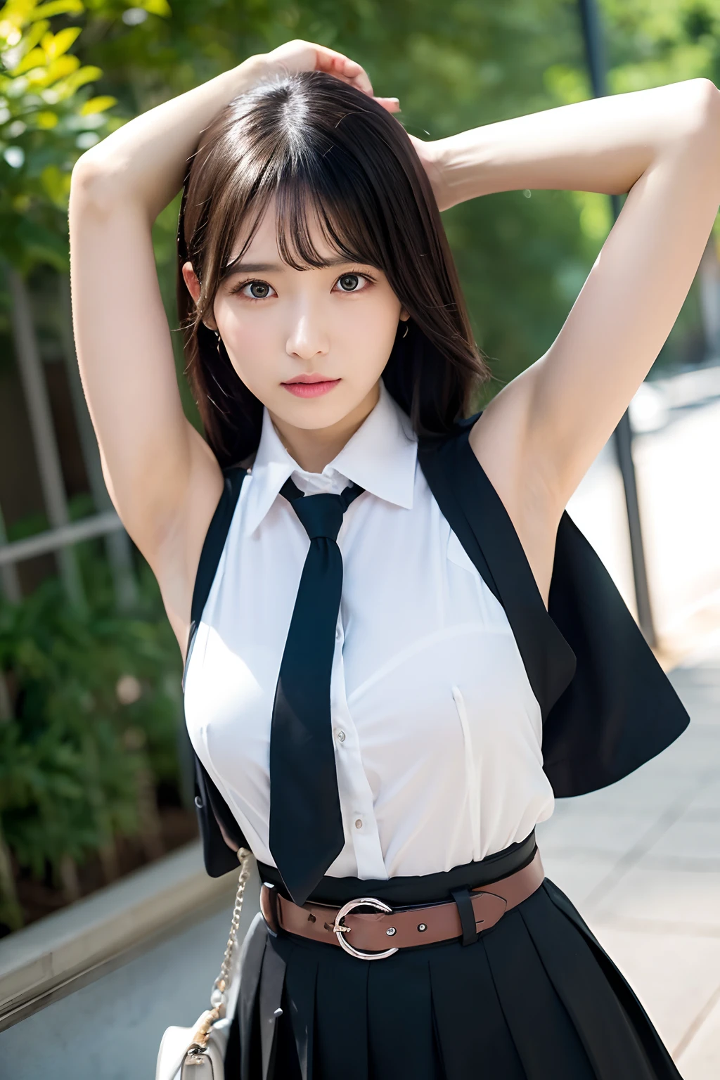 (masutepiece:1.2),High quality,vivd colour,flat-colors,Deep Depth Of Field,Lens Flare,1 girl,Black hair,eyecontact,Suit,Collared shirt,Belt bag,suspenders,Professional,Office Lady,Mature Women,Black mini skirt garterbelts knee high Stockings Black Niso Colorcon armpit sweat perspiring Side of both hands,Black jacket,Gaze,ample bosom,Armpit sweat,Exposing the armpits"Pichi Pichi clothes