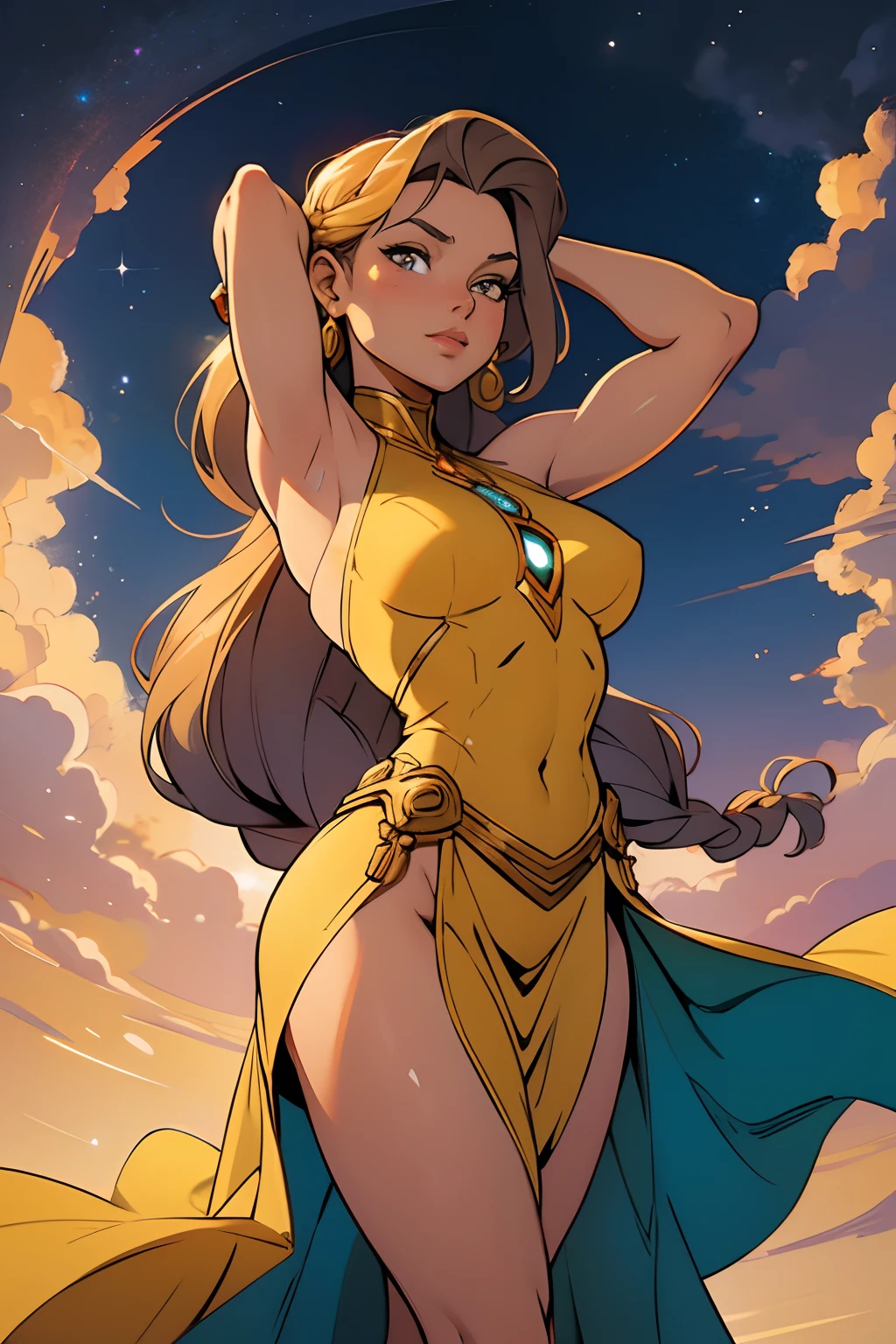 Arte inspirada no estilo de John Buscema,Excelente Obra-Prima, parte superior do corpo, (adulto: 1.6) Hungarian woman, (Risadinha: 0.4), arms behind her head, Golden braids, olhos brilhantes, Vestido de sol vitoriano, Floating particles of light, Centrado, Adicionado detalhe facial