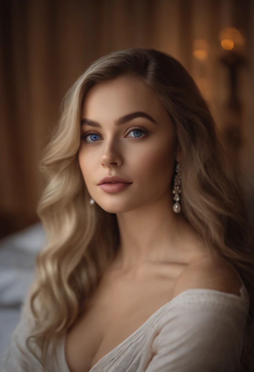 Arafed Full Woman, Sexy Girl with Blue Eyes, , Ultra Realistic, Meticulously Detailed, Portrait of Sophie Mudd, Blonde Hair and Big Eyes, Selfie of a Young Woman, Bedroom Eyes, Violet Myers, No Makeup, Natural Makeup, Looking Directly at the Camera, face artgram, subtle make-up, Impressive photo of the whole body kneeling on the bed, In the bedroom, Medium and large size chest, allowing the face to be seen clearly, portrait