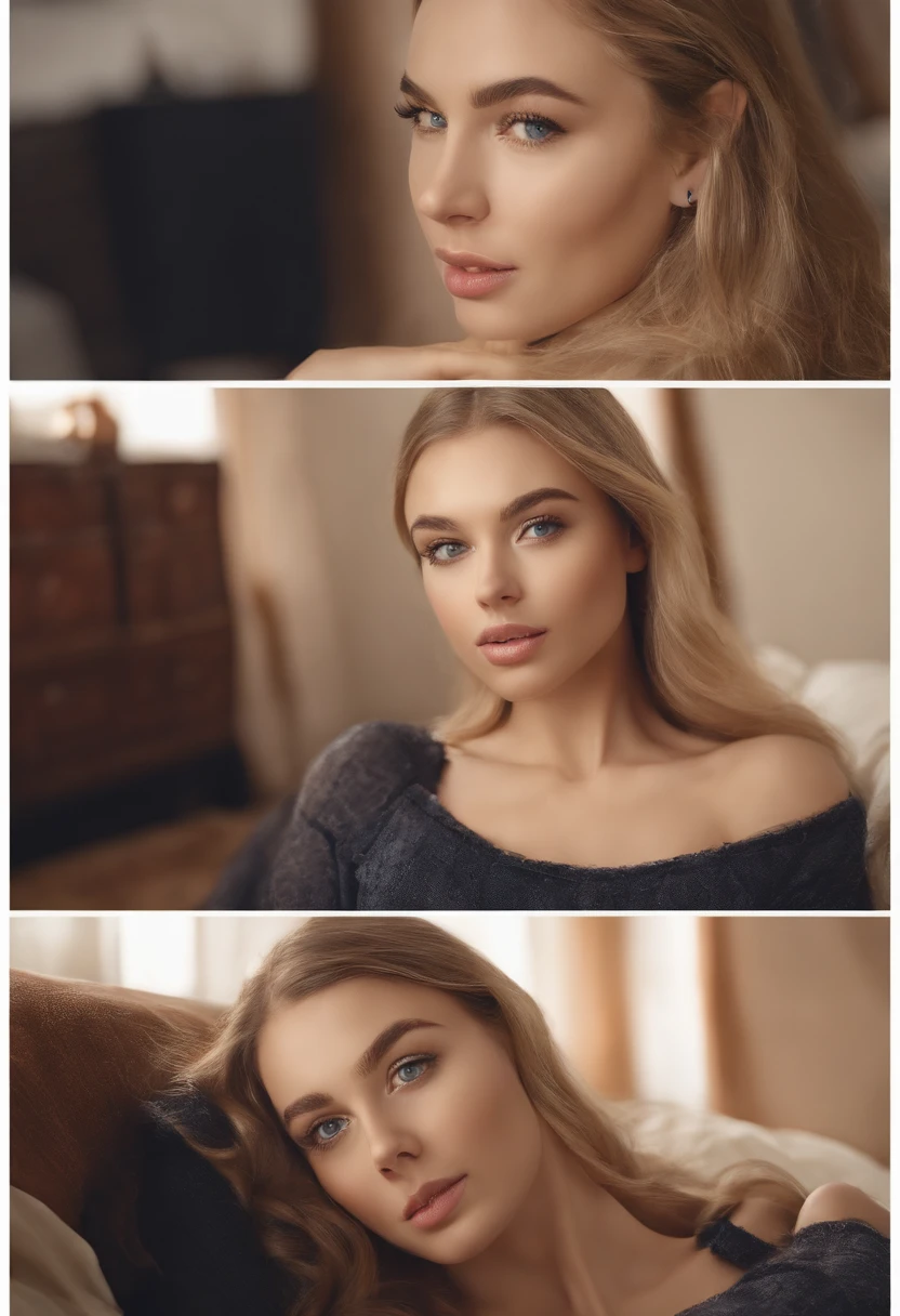 arafed woman with matching tank top and panties, long blonde hair, sexy girl with blue eyes, big lips, portrait sophie mudd, blonde hair and large eyes, selfie of a young woman, bedroom eyes, without makeup, natural makeup, looking directly at the camera, face with artgram, subtle makeup, stunning full body shot, in bedroom, cleavage