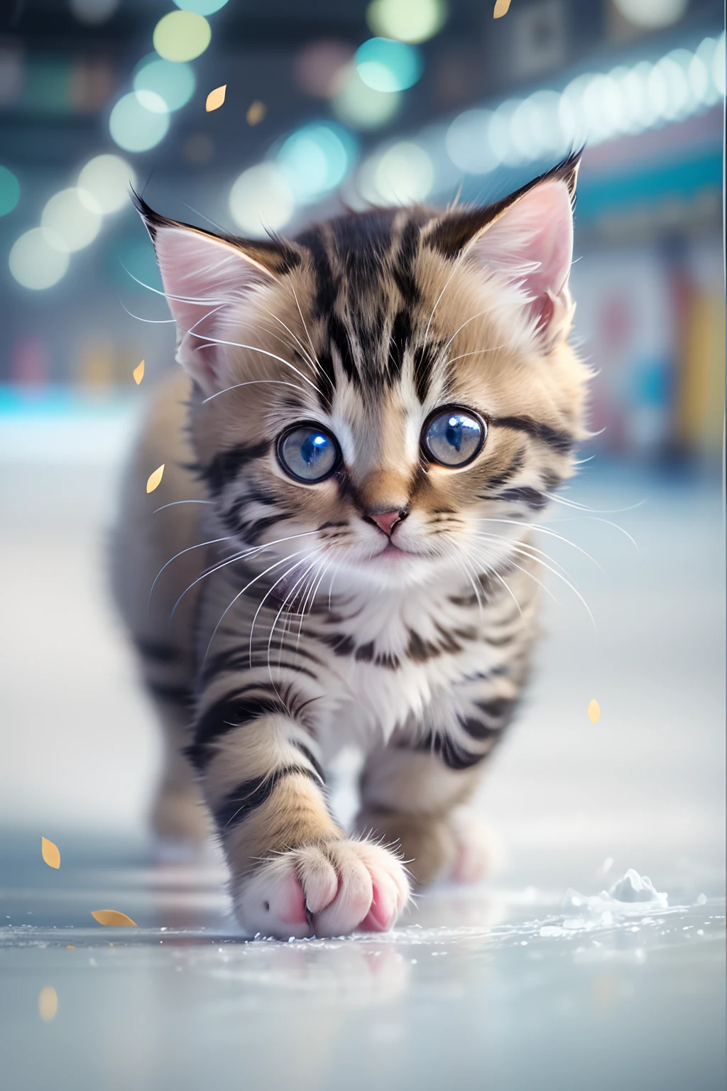 A cute kitten with round eyes, Ice skating at the ice rink.