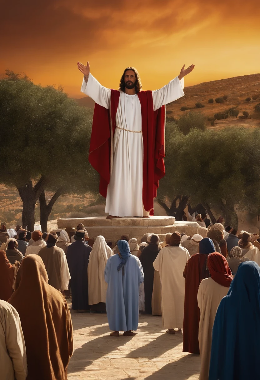 Jesus Negro, vestido com um manto branco, is at the top of the Mount of Olives. He is surrounded by a large crowd of people who have gathered to hear his words. The sun is shining brightly in the clear blue sky, iluminando a cena. As oliveiras, verde e frondoso, Rodeie o Monte, criando uma paisagem deslumbrante. Jesus has his hands raised, Preaching to the crowd. The crowd is silent, escutando atentamente suas palavras.