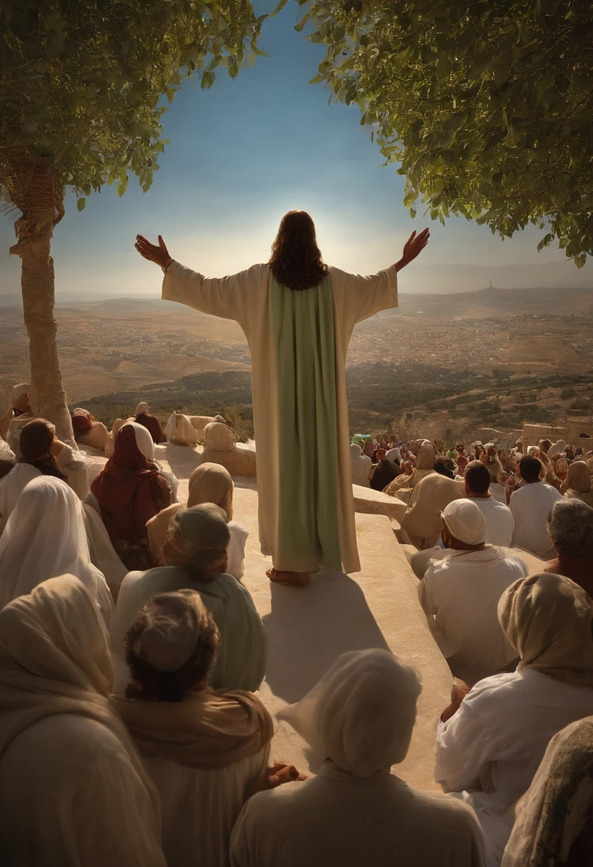 Jesus Negro, vestido com um manto branco, is at the top of the Mount of Olives. He is surrounded by a large crowd of people who have gathered to hear his words. The sun is shining brightly in the clear blue sky, iluminando a cena. As oliveiras, verde e frondoso, Rodeie o Monte, criando uma paisagem deslumbrante. Jesus has his hands raised, Preaching to the crowd. The crowd is silent, escutando atentamente suas palavras.