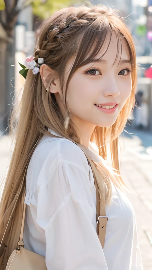 (8K、top-quality、​masterpiece:1.2)、(reallistic、Photorealsitic:1.37)、The ultra-detailliert、女の子1人、18year old、Medium chest、Beautie、Beautiful and perfect face、Natural smile、独奏、holiday、Bustling street、shopping、Fashionable clothes、Redness of the nose)、(A smile:1.5)、(With mouth closed) 、beautidful eyes、(long:1.2)、Floating hair 、Middle hair、Gold Hair Medium Hair, (Golden hair), Ear Hair, small tits, Single braid, (Single braid), (Side braid),Checked shirt