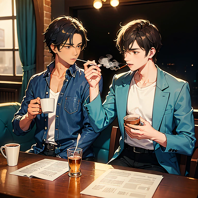 2boys, 17 year old boy, At a jazz café in the 1970s, smoking tobacco, Hot Coffee Cup
