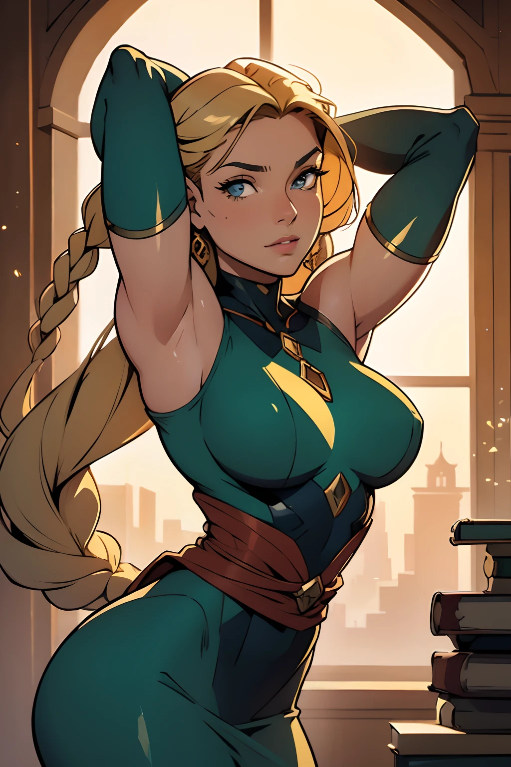Arte inspirada no estilo de John Buscema,Excelente Obra-Prima, parte superior do corpo, (adulto: 1.6) Hungarian woman, (Risadinha: 0.4), arms behind her head, Golden braids, olhos brilhantes, Vestido de sol vitoriano, Floating particles of light, Centrado, Adicionado detalhe facial