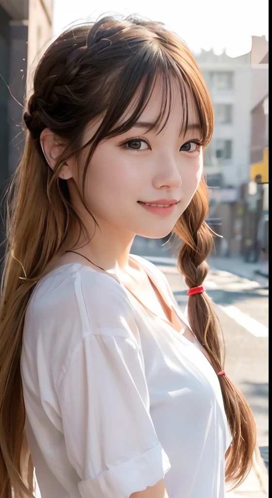 (8K、top-quality、​masterpiece:1.2)、(reallistic、Photorealsitic:1.37)、The ultra-detailliert、女の子1人、18year old、Medium chest、Beautie、Beautiful and perfect face、up close shot、Natural smile、独奏、holiday、Bustling street、shopping、Fashionable clothes、Redness of the nose)、(A smile:1.5)、(With mouth closed) 、beautidful eyes、(long:1.2)、Floating hair 、Middle hair、Gold Hair Medium Hair, (Golden hair), Ear Hair, small tits, Single braid, (Single braid), (Side braid),Checked shirt