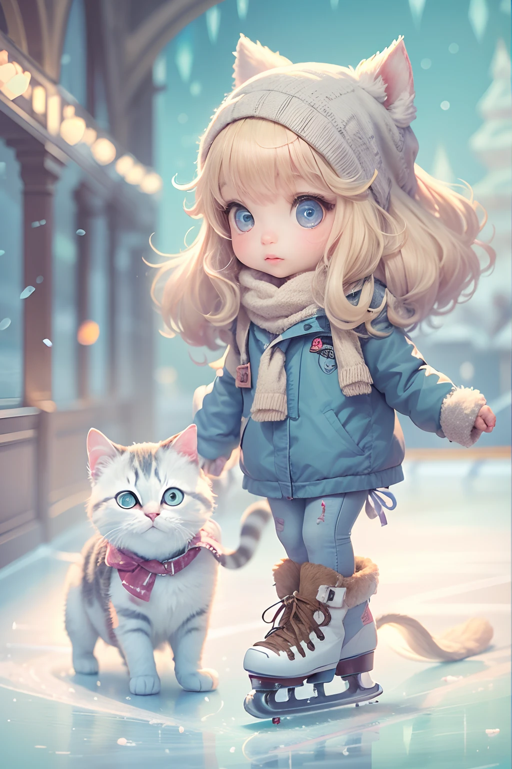 A girl and a cute kitten with round eyes, Ice skating at the ice rink.