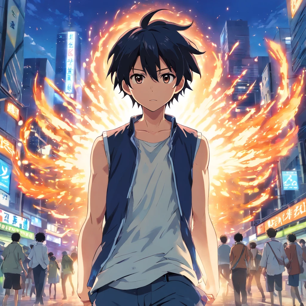 15 year old boy with messy and black hair with a white vest and black blouse in a tantrum. Capture the essence of his fiery determination and unyielding spirit as he unleashes his wrath on his enemies. Mantenha-o curto, ousado, e intenso para transmitir o poder bruto da raiva dele. ((Imagem altamente detalhada, Melhores efeitos de raios azuis)), Magnificent, Alta Obra-Prima, ((retrato de corpo inteiro))