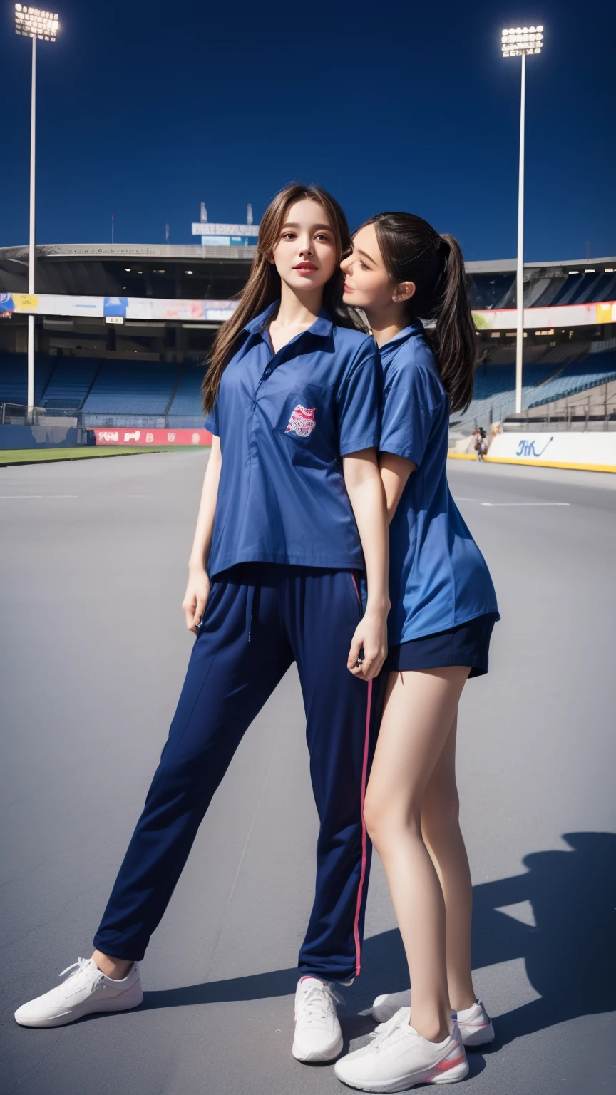 (bestquality,10,10,highres,masterpiece:1.2),ultra-detail,(Realistic,photorealistic portrait,photo-realistic:1.37),1 Cute girl in the football field,oily shiny skin,bara,light smile,BDclothes,((blue shirt:1.3)),short sleeves,shirt, trousers.,(navy_long_Pants Track:1.1), ((Stadium Background:1.3)),dynamic angle,excited,face focus,Dynamic Poses,from behide,Ass Focus,masterpiece, bestquality, ultra realistic, hyper-detail, 8k resolution, RAW photo, crisp focus, ((Navy blue shirt:1.1)), short sleeves, Long Path, Perfect body, 2 mature women, 18yo, cinematic light,Blue sweatpants,Gymware,Correct ???????,Complete body, Correct body, sharp face, Anatomically correct body, full entire body, Realistic gestures, long-haired, Realistic poses,Wear long shorts..............,Long leg span,Shapely,Sculpting Girl, Slender Figure, mannequin mannequins, Shapely, Beautiful body,Blue sweatpants,2 girls kissing each other