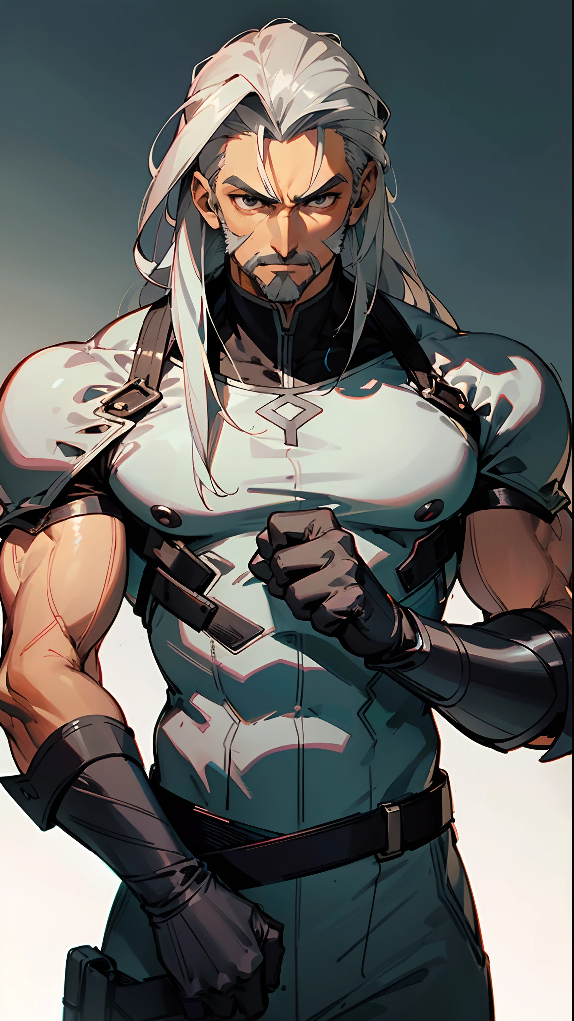 Handsome man , Gray hair , long hair , silver eyes , brown skin , ((very muscular:1.3)), ((gray facial hair:1.1)), muscular arms , very tall , age 60 ,(masterpiece, best quality )detailed, 1Character , pastel washed out colors , cell shade , soft, muted shades ,gentle colors , blue archive art style
Wearing a mix of sword art online and futuristic style clothes ,